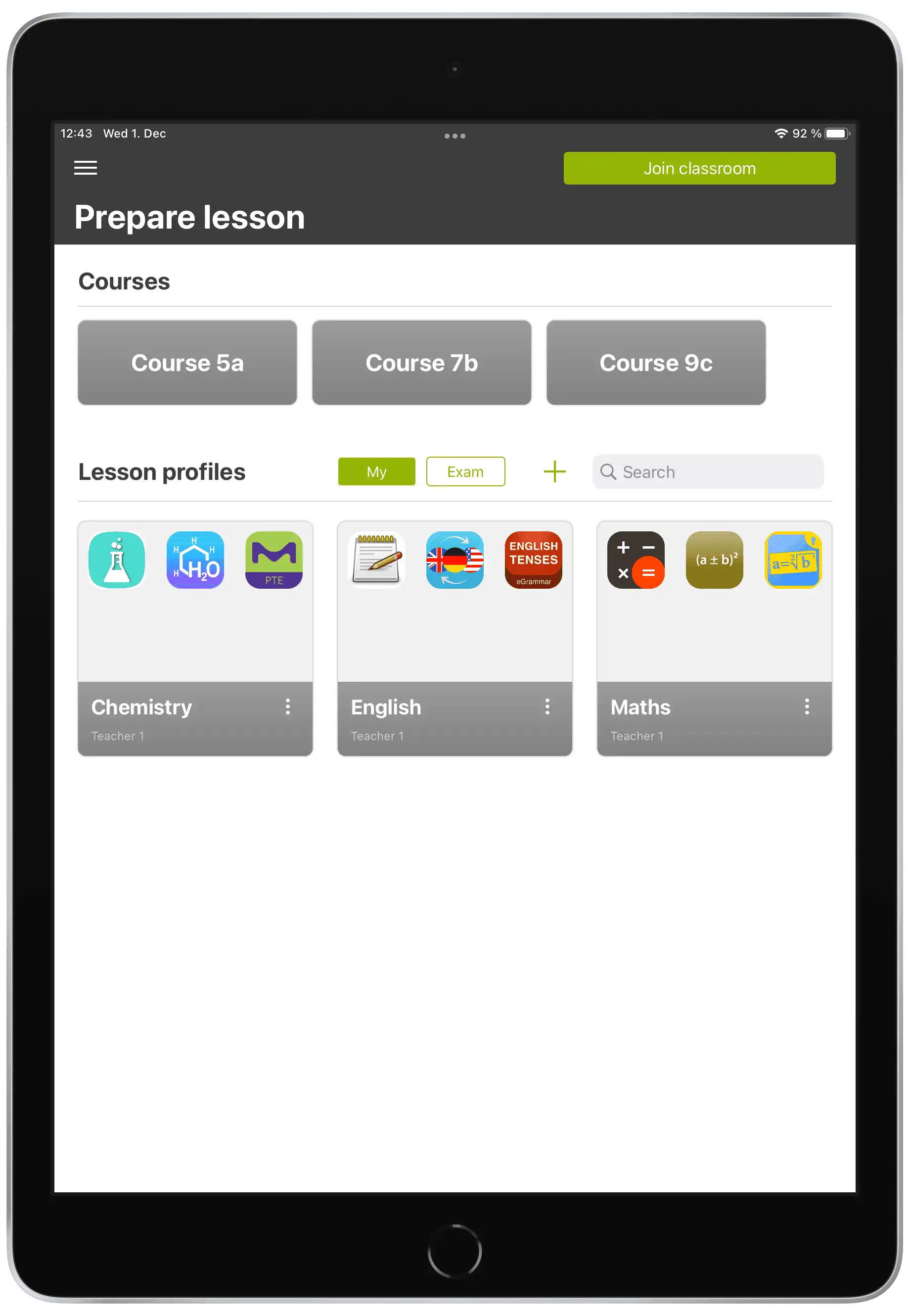 Panoramica nell'app Relution Teacher con classi assegnate automaticamente sul dispositivo dell'insegnante