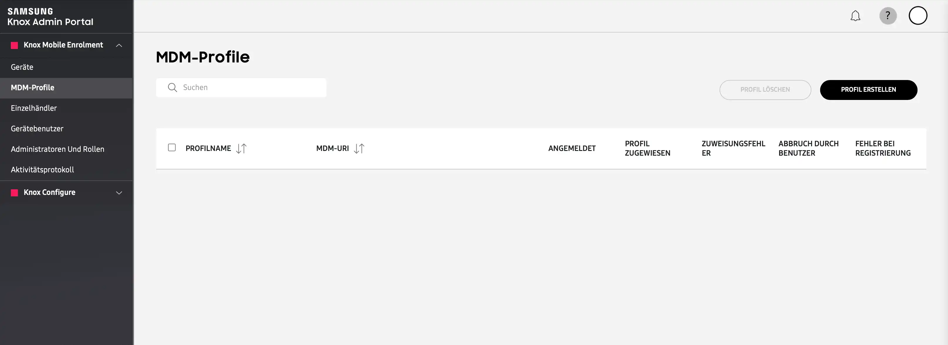 Konfigurationsschritt im KME-Portal mit der Option „Profil erstellen“ zur Erstellung eines neuen MDM-Profils im Bereich „MDM-Profil“