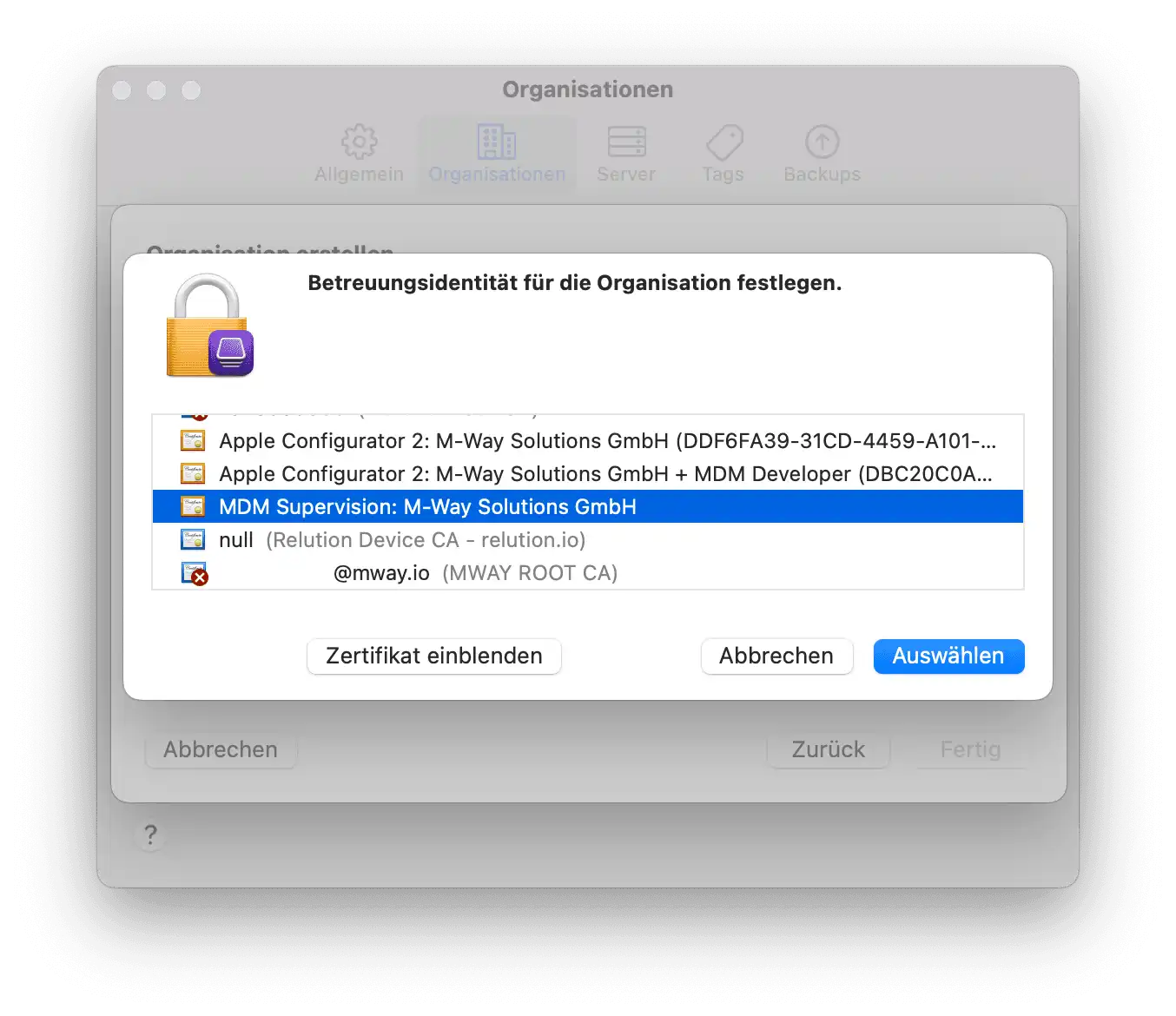 Anzeige des Apple Configurator Dialogs mit dem Supervisionszertifikat unter Betreuungsidentitäten zur Auswahl