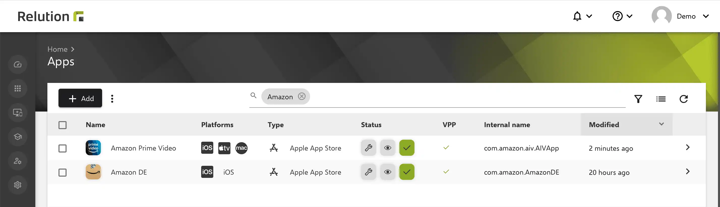 Display of multi-platform apps in the app inventory list of Relution with icons for the supported Apple platforms