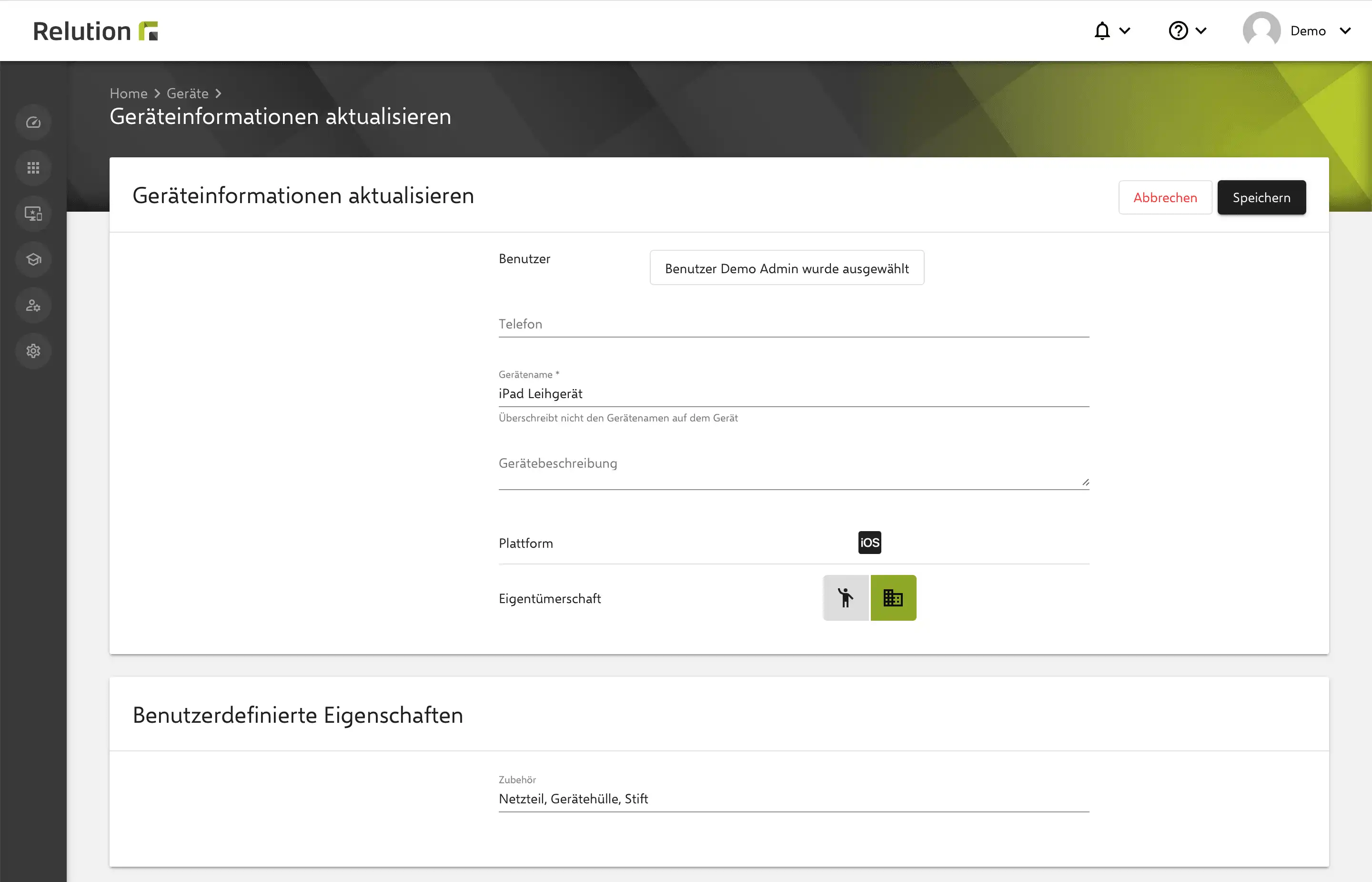 Gerätedetails in Relution mit aktivierten benutzerdefinierten Geräteeigenschaften, angezeigt unter „Information“ am unteren Ende