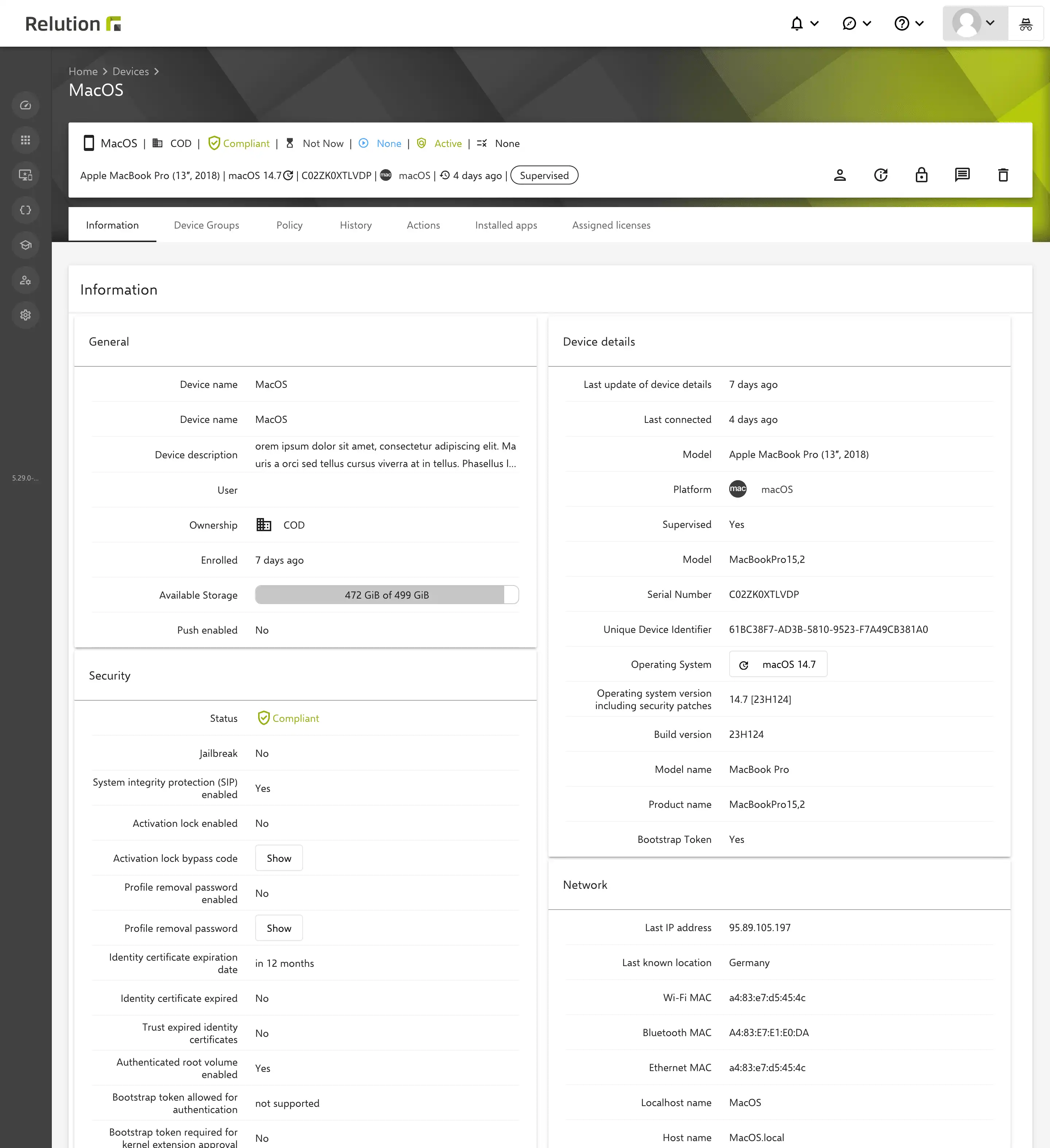 Overview in Relution with information about an enrolled device, including general details, security status, device specifics, and network information