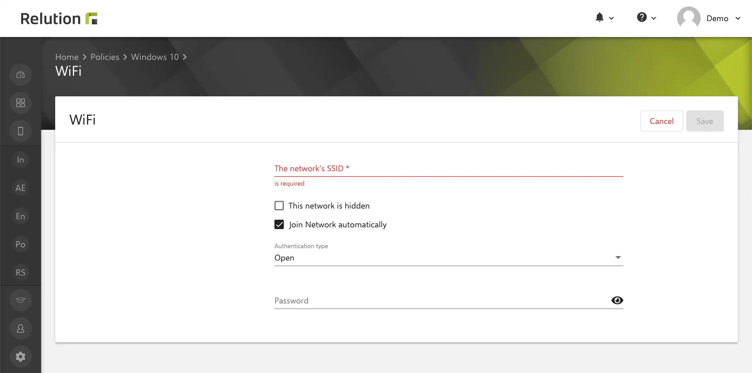 Configurazione delle impostazioni Wi-Fi in Relution per fornire reti predefinite ai dispositivi Windows, senza SSID di rete specificato nell'interfaccia