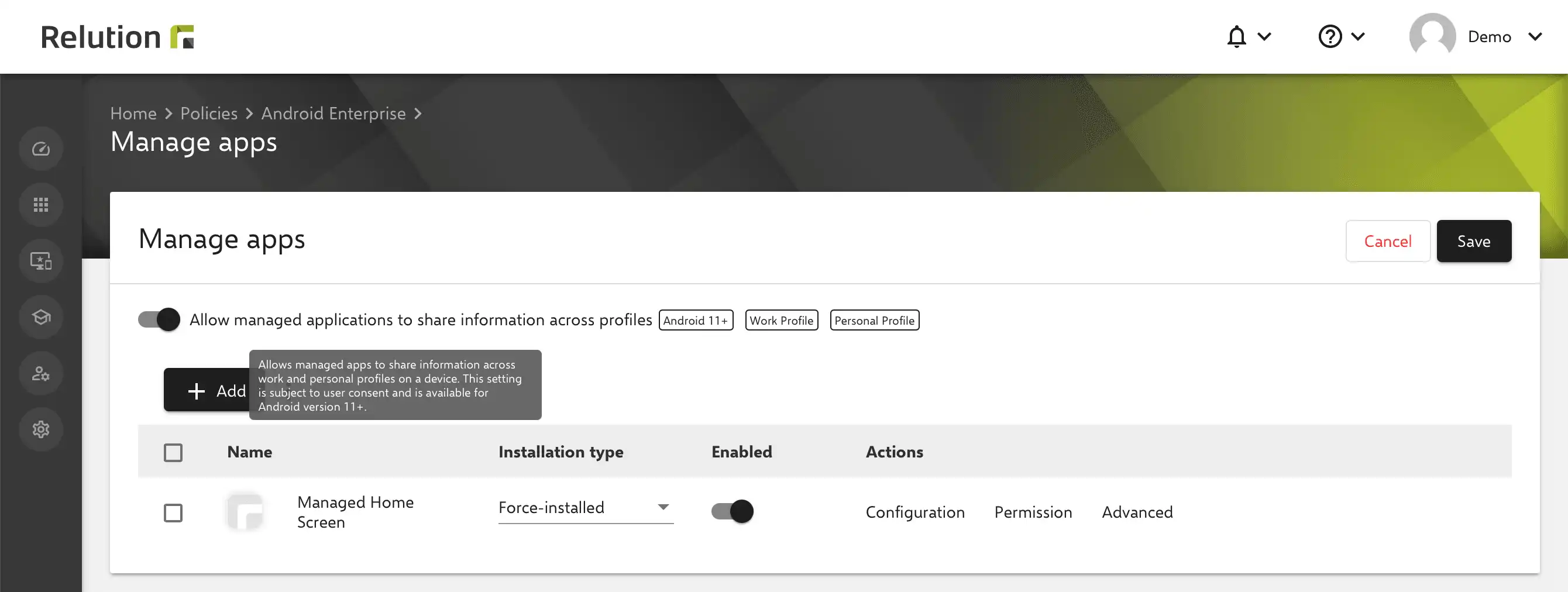 Configuración en la opción « Administrar aplicaciones » de Android Enterprise para habilitar el intercambio de información entre perfiles laborales y personales desde Android 11
