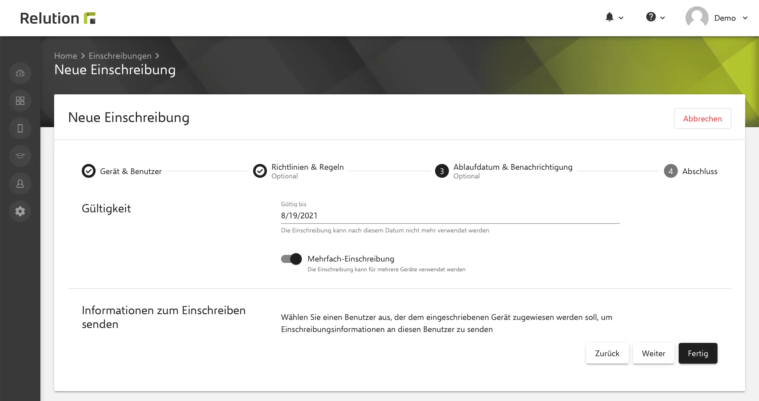 Einschreibungsansicht in Relution zur gleichzeitigen Einrichtung mehrerer Windows 10-Geräte ohne Neuinstallation, mit Verbindung zu einem MDM-Server