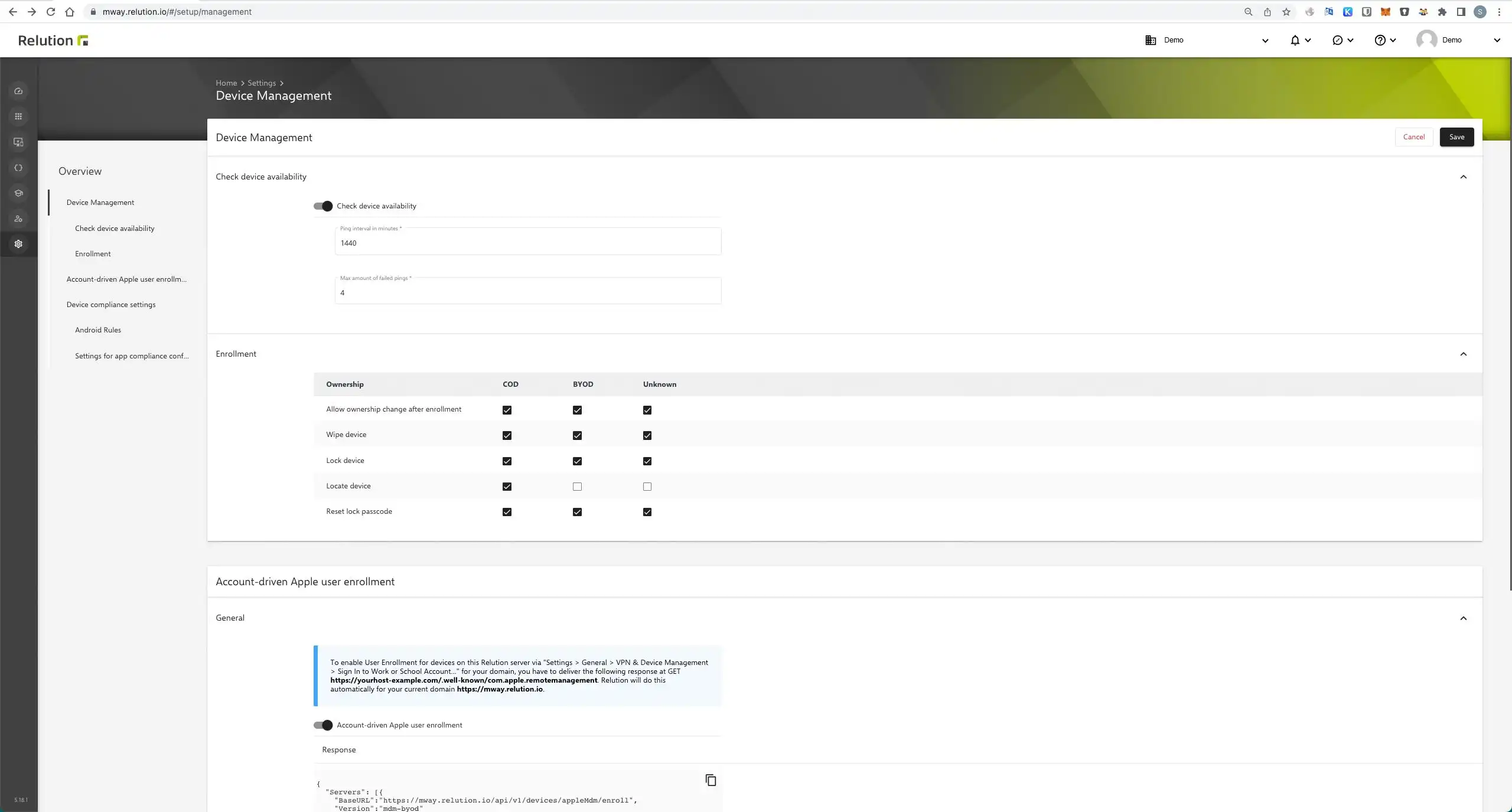 Opción para deshabilitar la localización de dispositivos en la aplicación Relution Companion para Android Enterprise a través de « Configuración -> Administración de dispositivos »