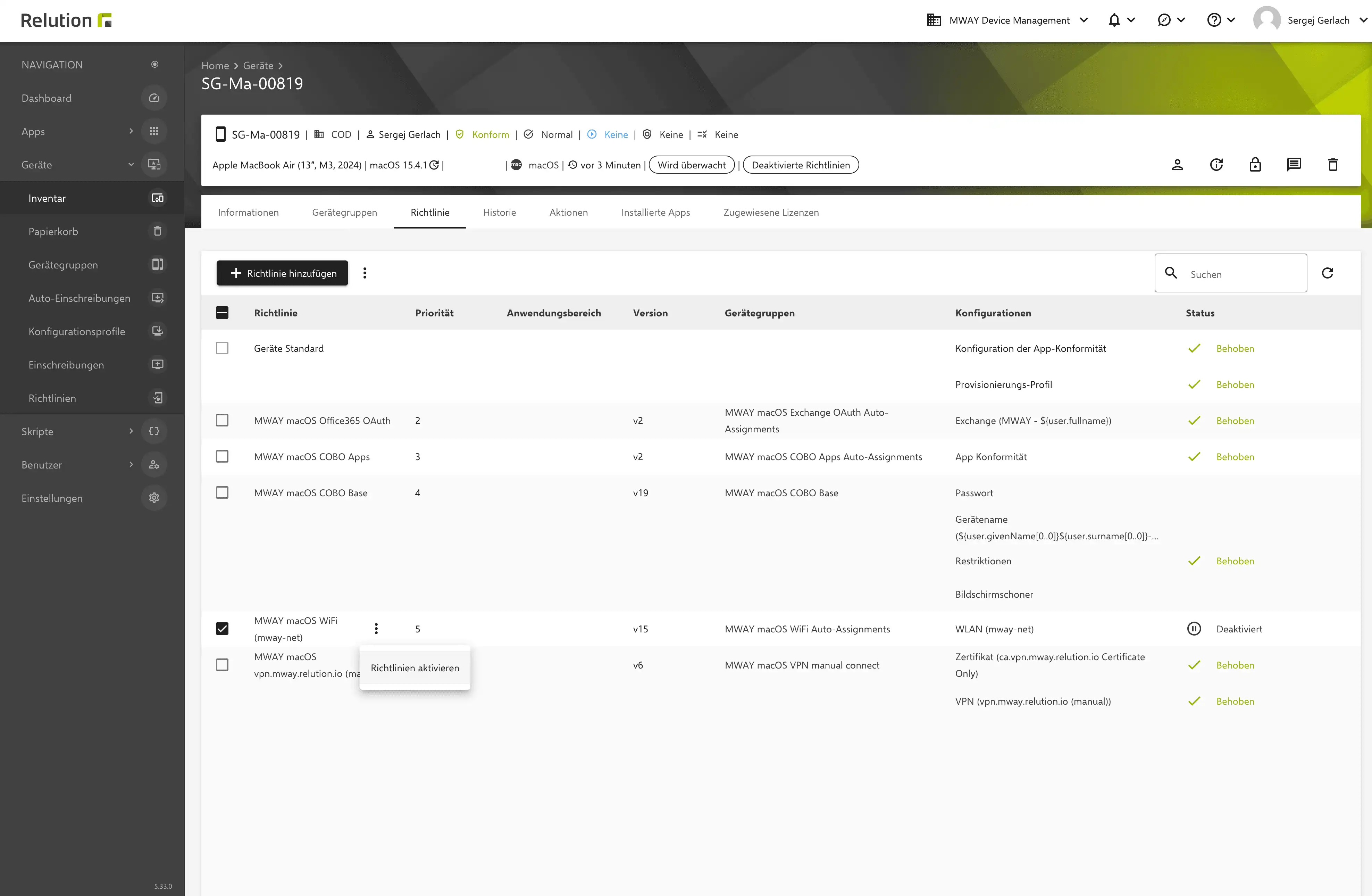 Ansicht in Relution zur gezielten Deaktivierung oder Reaktivierung einzelner oder aller Richtlinien auf einem Gerät mit Filteroption im Inventar und in der Richtlinien-Ansicht