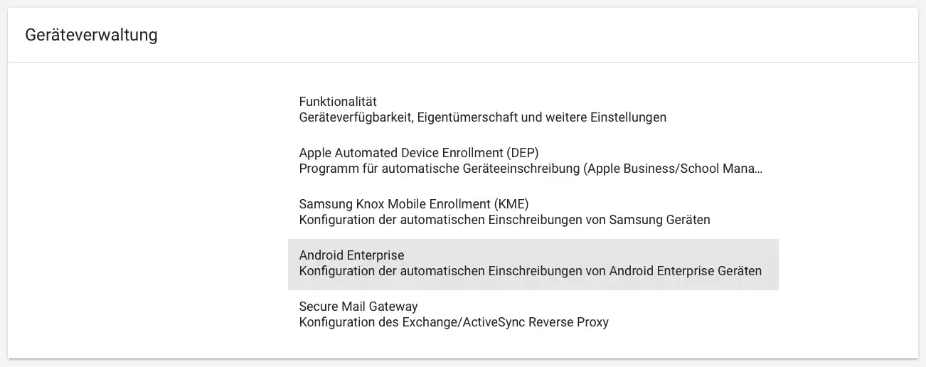 Bereich „Geräteverwaltung“ in Relution mit ausgewählter Option „Android Enterprise“ zur Konfiguration automatischer Einschreibungen von Android Enterprise-Geräten