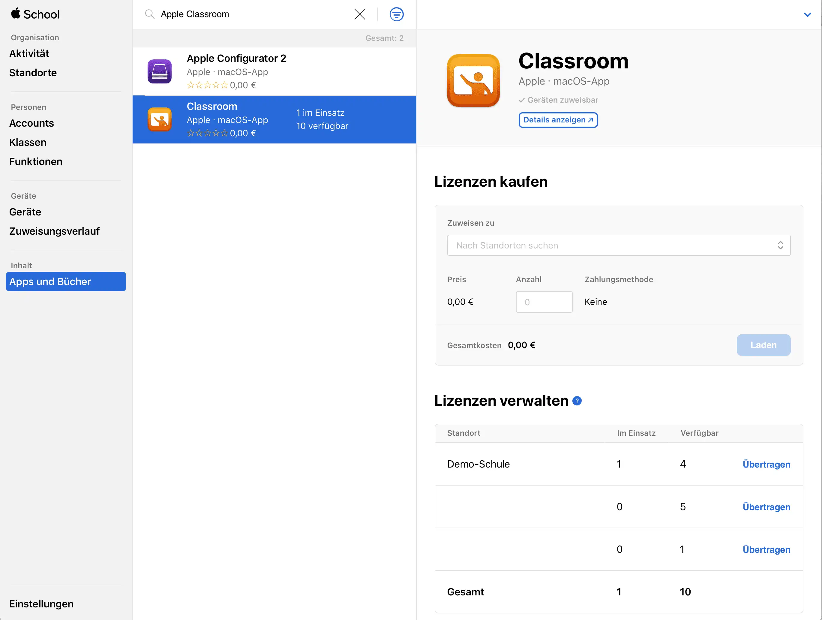 Darstellung der Lizenzverwaltung im Apple School Manager mit der Möglichkeit, VPP-Lizenzen zentral zu beschaffen und auf Standorte zu übertragen
