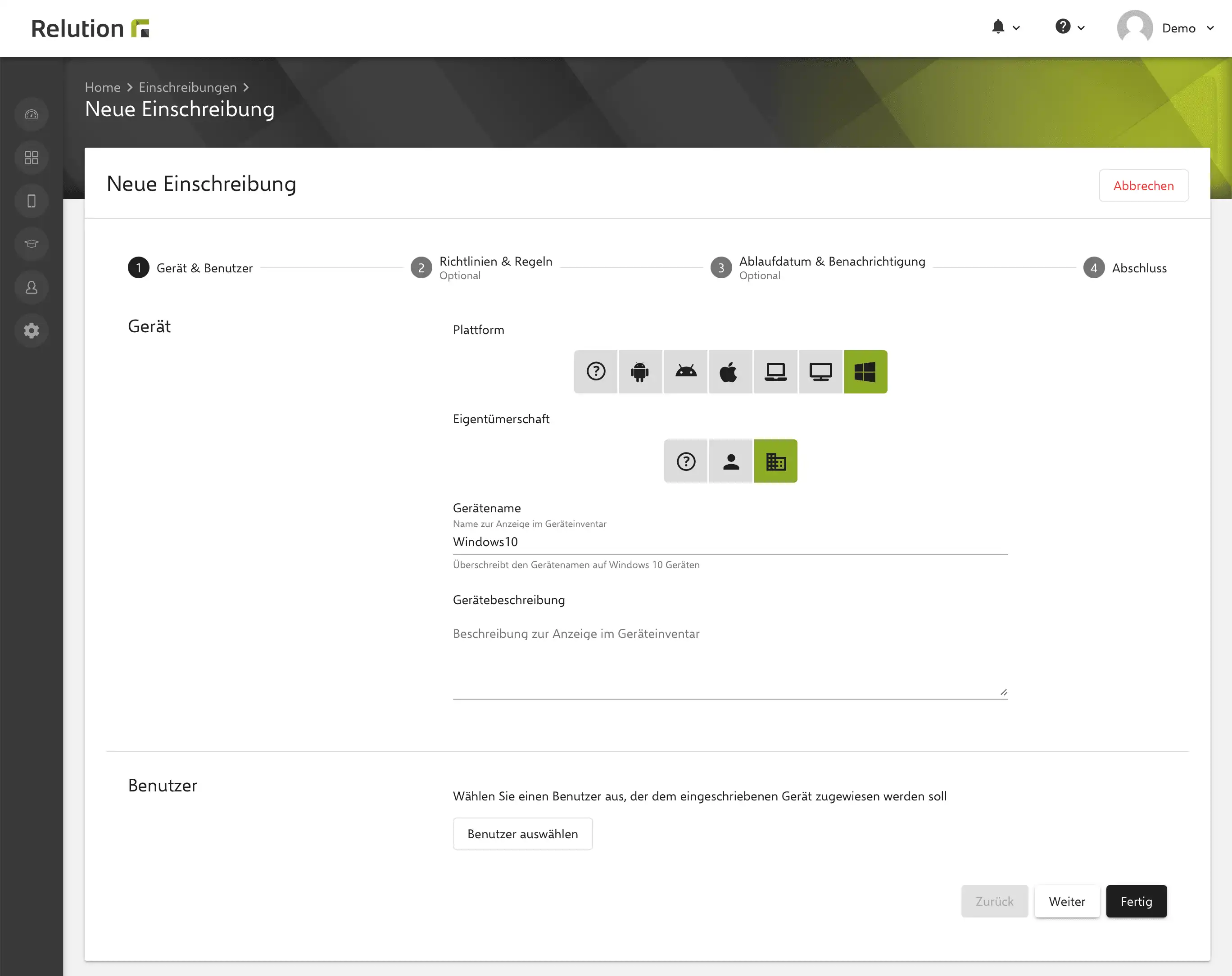 Relution-Oberfläche mit den Einstellungen zur Erstellung einer manuellen Einschreibung für die Massenregistrierung von Windows 10/11-Geräten