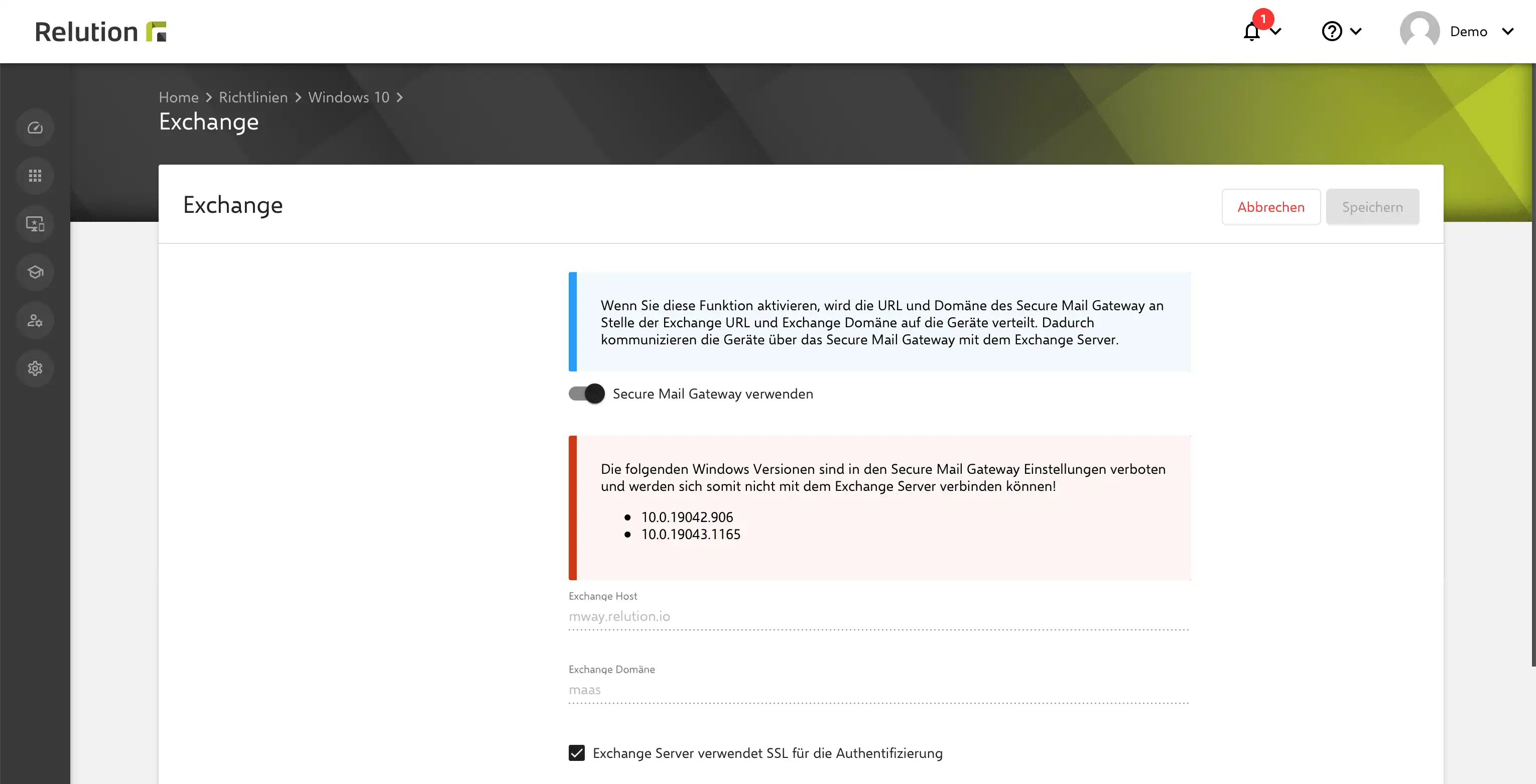 Ansicht der Aktivierung des global konfigurierten Secure Mail Gateways über die Exchange-Einstellungen für Windows