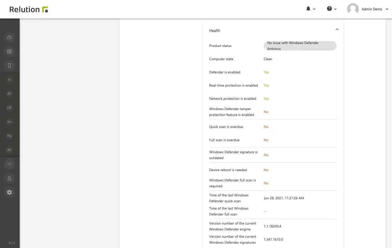 Device information in Relution for Windows devices with an expanded "Integrity" section displaying the timestamp of the last Windows Defender scan