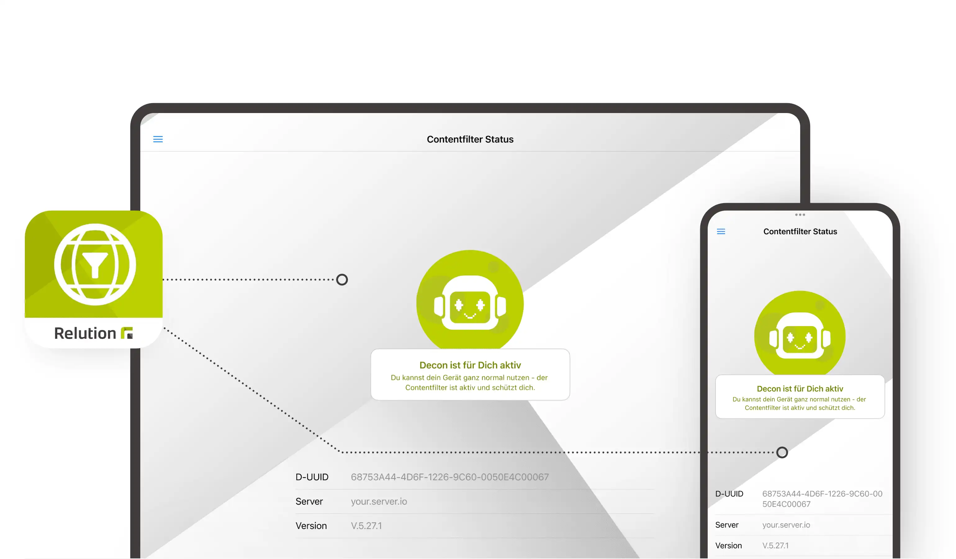 Der Bildschirm eines Laptops und eines Smartphones, auf denen jeweils der Status der Relution Decon-App angezeigt wird