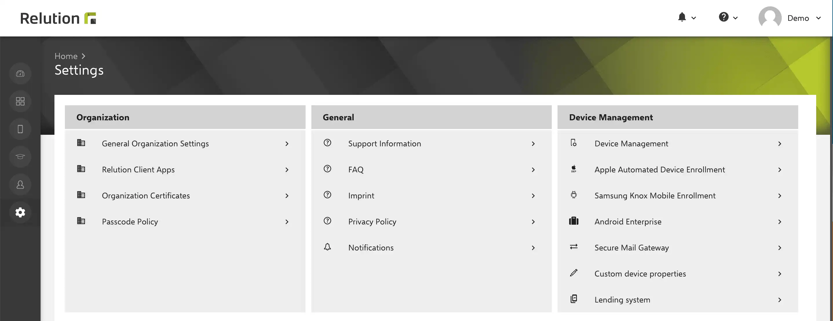 Vue d'ensemble des paramètres dans Relution avec tous les éléments disponibles, y compris le « Système de prêt »