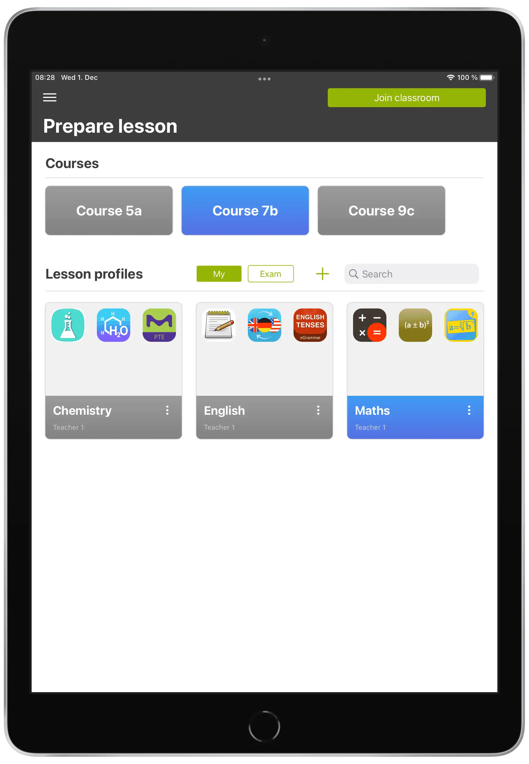 Visualizzazione nell’app Relution Teacher con un profilo di lezione selezionato e il pulsante « Entra in aula » per avviare lezioni virtuali