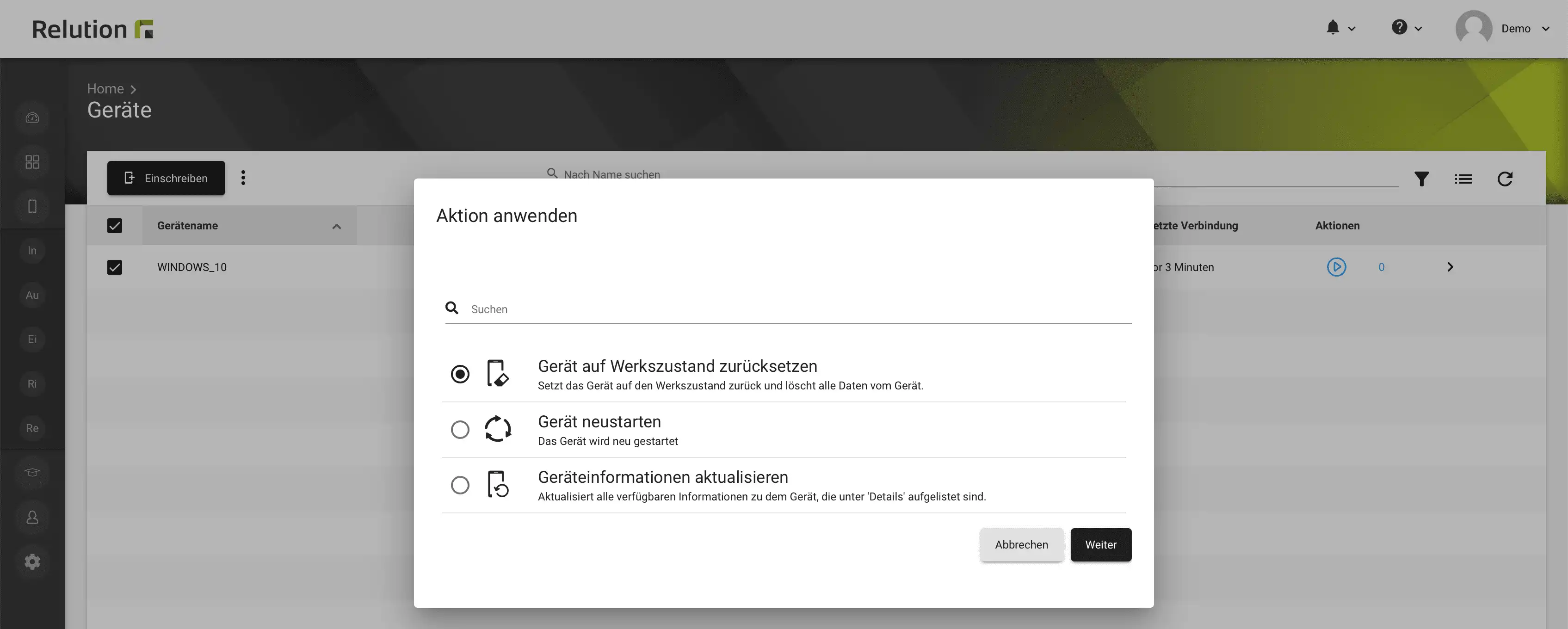Aktionen in Relution zur Verwaltung von Geräten, wie Neustart, Aktualisierung der Geräteinformationen oder Zurücksetzen auf Werkszustand