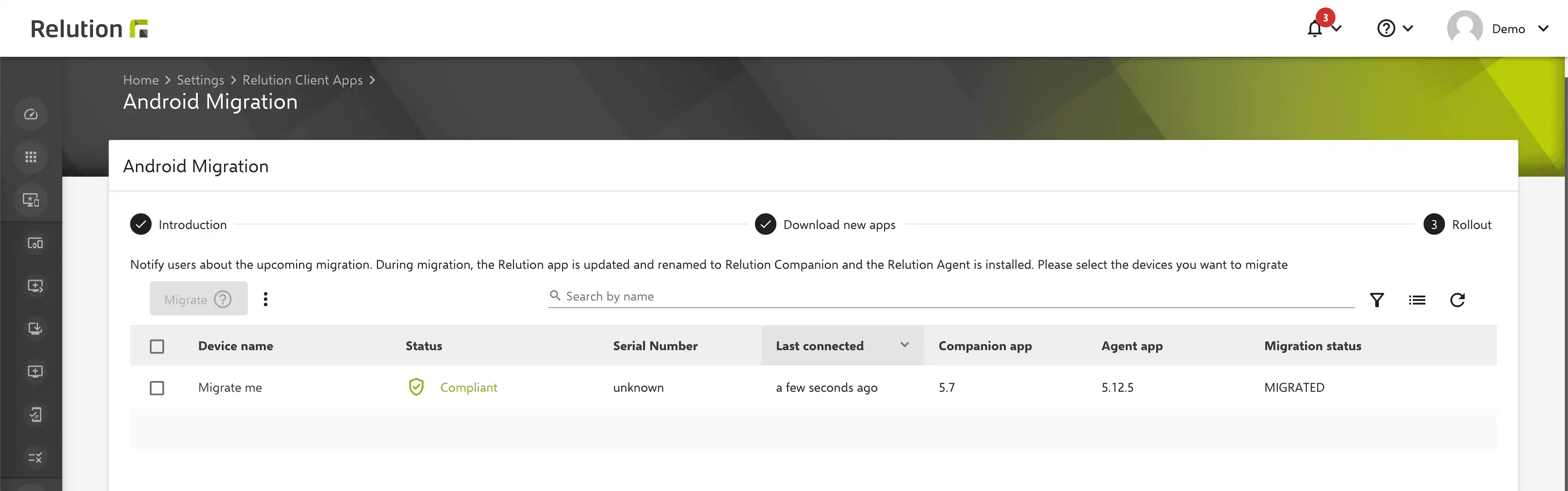Display in Relution showing the success message for migrating Android devices from the old Relution Client to the new apps as the final step in the process
