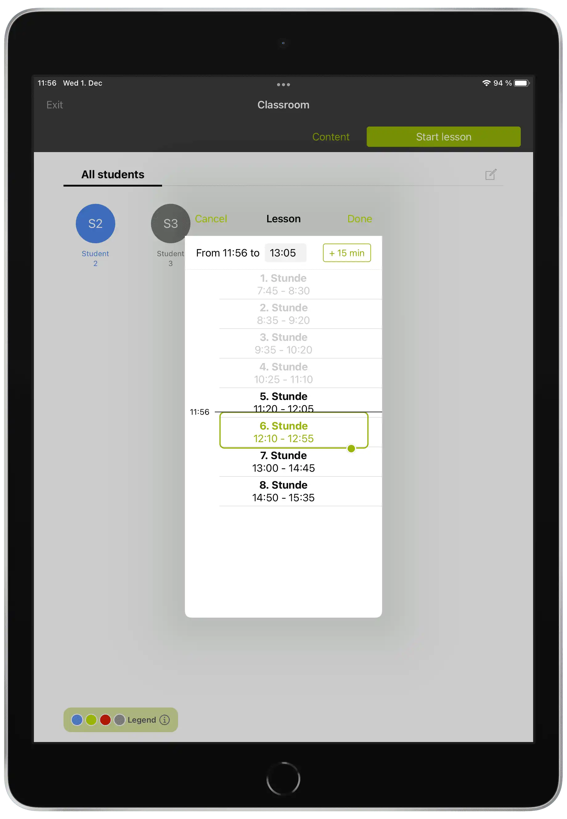 Interfaccia nell’app Relution Teacher per estendere la durata della lezione utilizzando il pulsante « +15 Min » o trascinando la selezione
