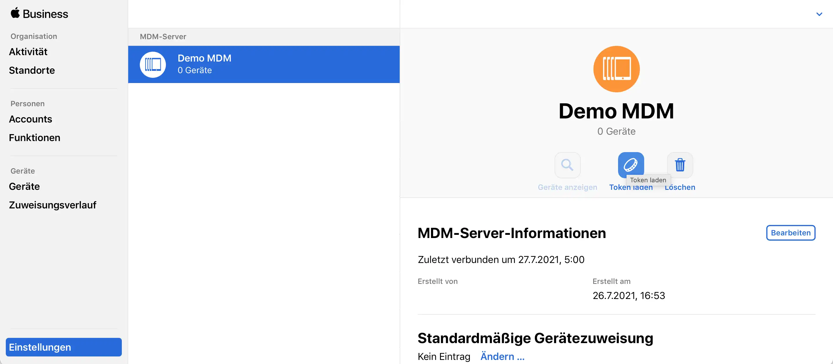 Option im Apple Business Manager, ein Apple Token für den neu angelegten MDM-Server herunterzuladen