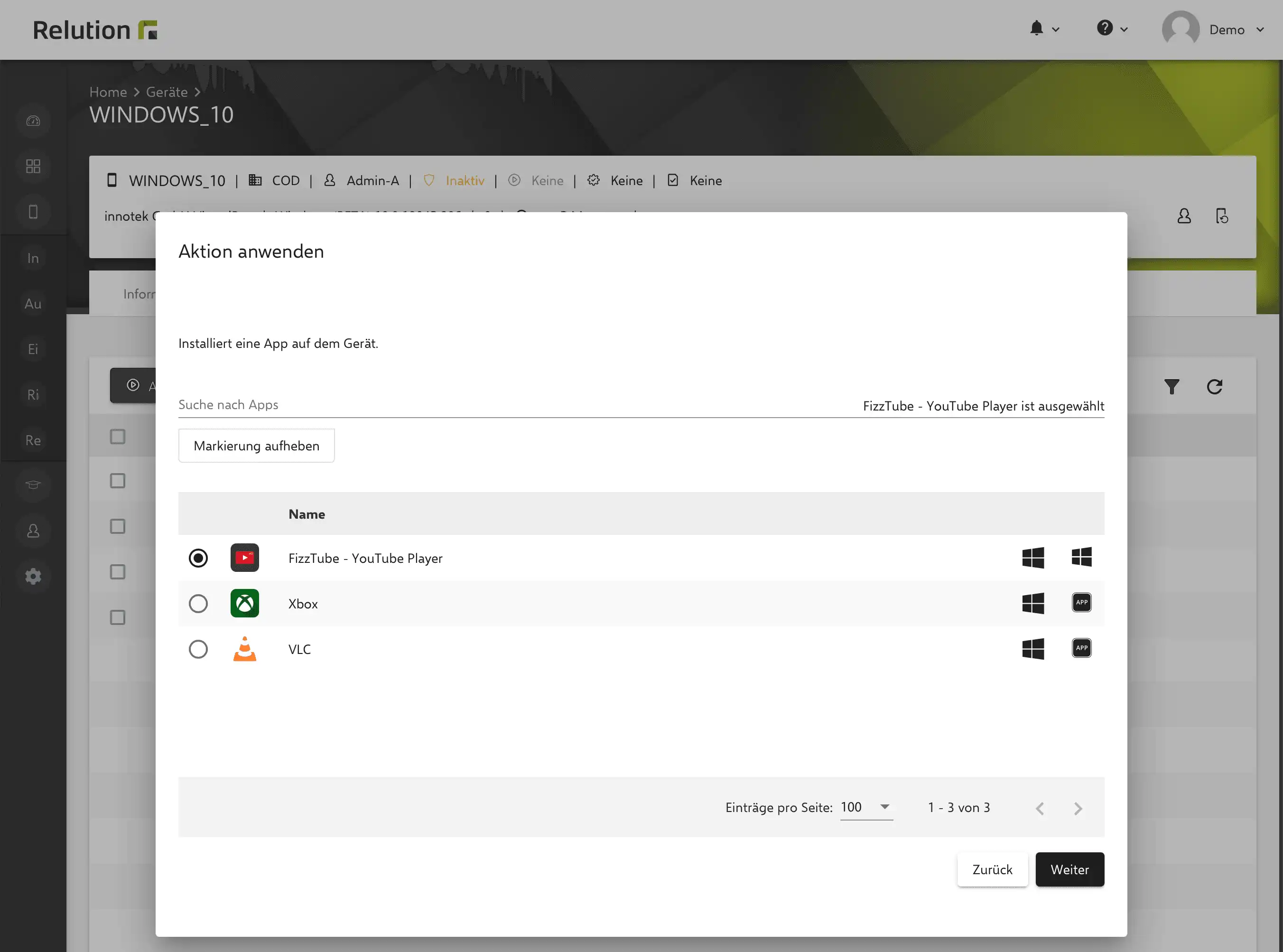 Bereich „Aktion anwenden“ in Relution mit Auswahl einer public App aus dem Windows App Store zur Installation auf Windows 10 Geräten