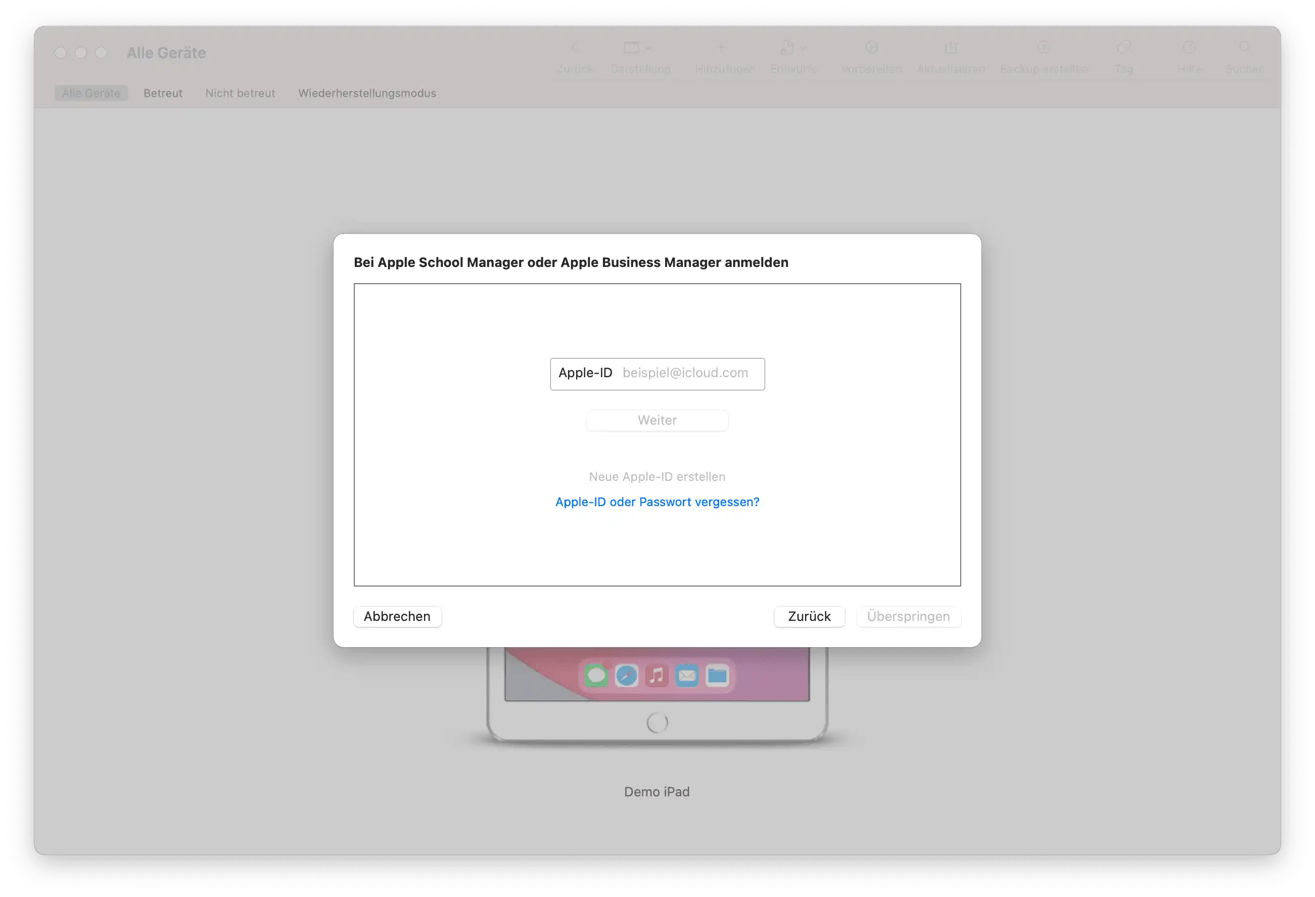 Darstellung der Verbindung zum Apple DEP-Server mit Eingabe der Apple-ID und des Passworts für den entsprechenden Account im Apple Business Manager oder Apple School Manager