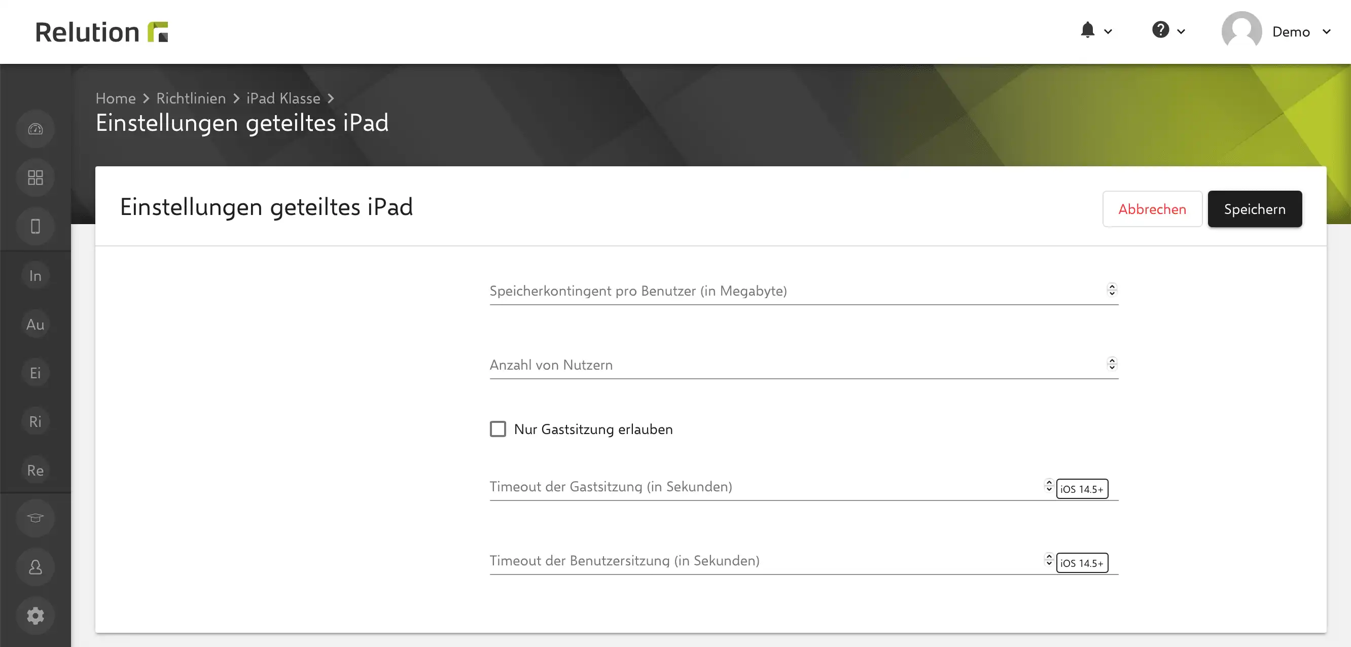 Relution-Oberfläche mit der Konfiguration „Einstellungen geteiltes iPad“, die Optionen wie Speicherkontingent, Benutzeranzahl, Gastsitzung und Timeout für Sitzungen im Apple Geteiltes iPad Modus bietet