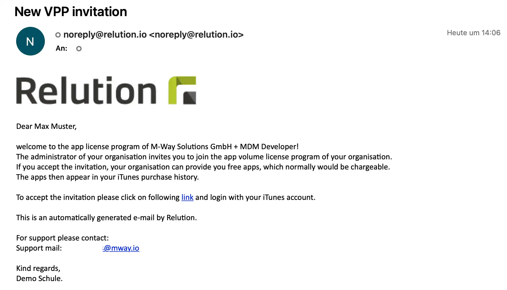 Relution’da kullanıcı kaydı için iTunes aracılığıyla cihazları kaydetme bağlantısıyla e-posta daveti