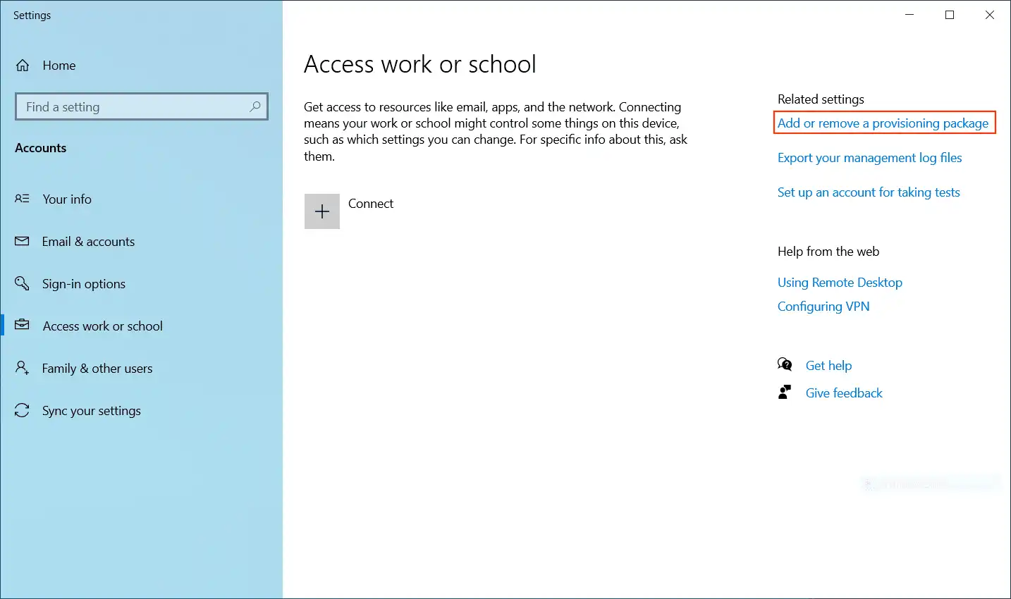 Vista del menu su un dispositivo Windows 10/11 nelle « Impostazioni » con l’opzione selezionata « Account di lavoro o scuola »