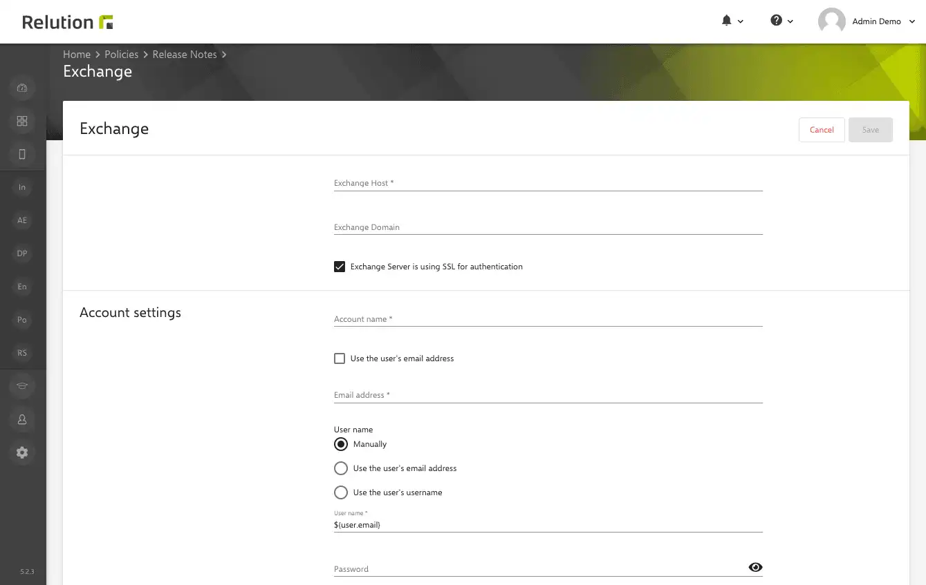 Exchange configuration in Relution with the option to enter the personal password directly on the Windows device without specifying it during setup