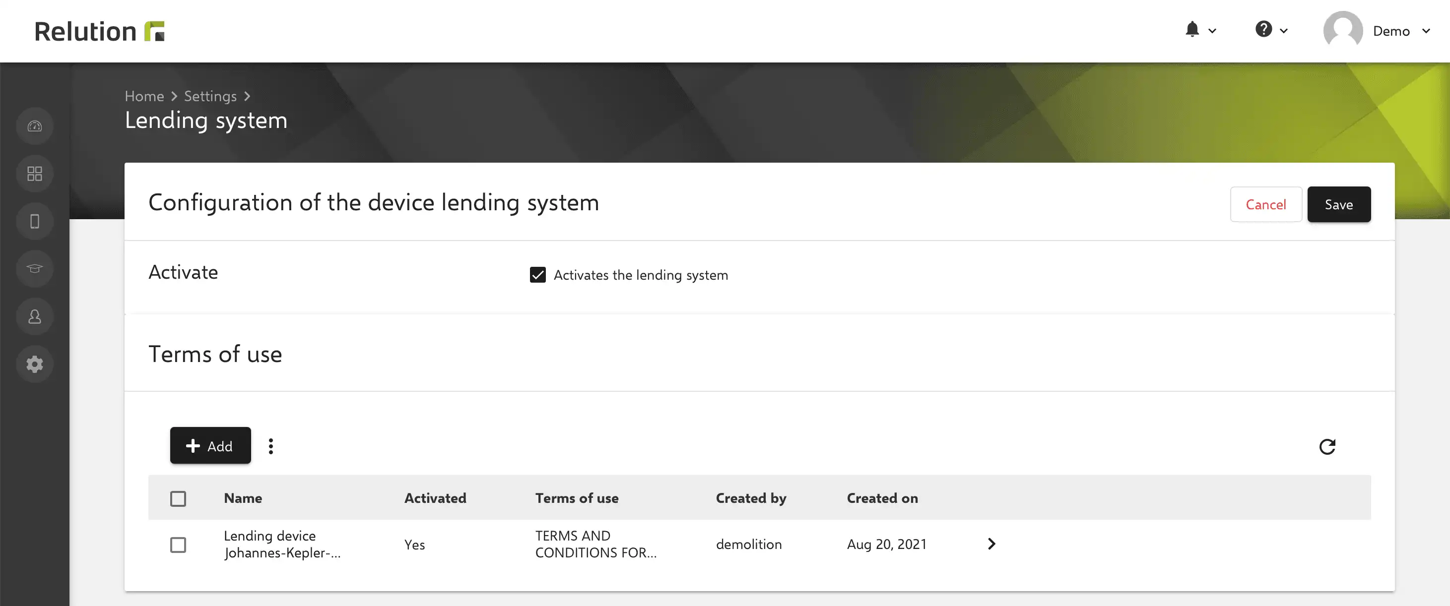 Capture d'écran du processus de prêt dans l'application Relution avec une condition d'utilisation listée à sélectionner