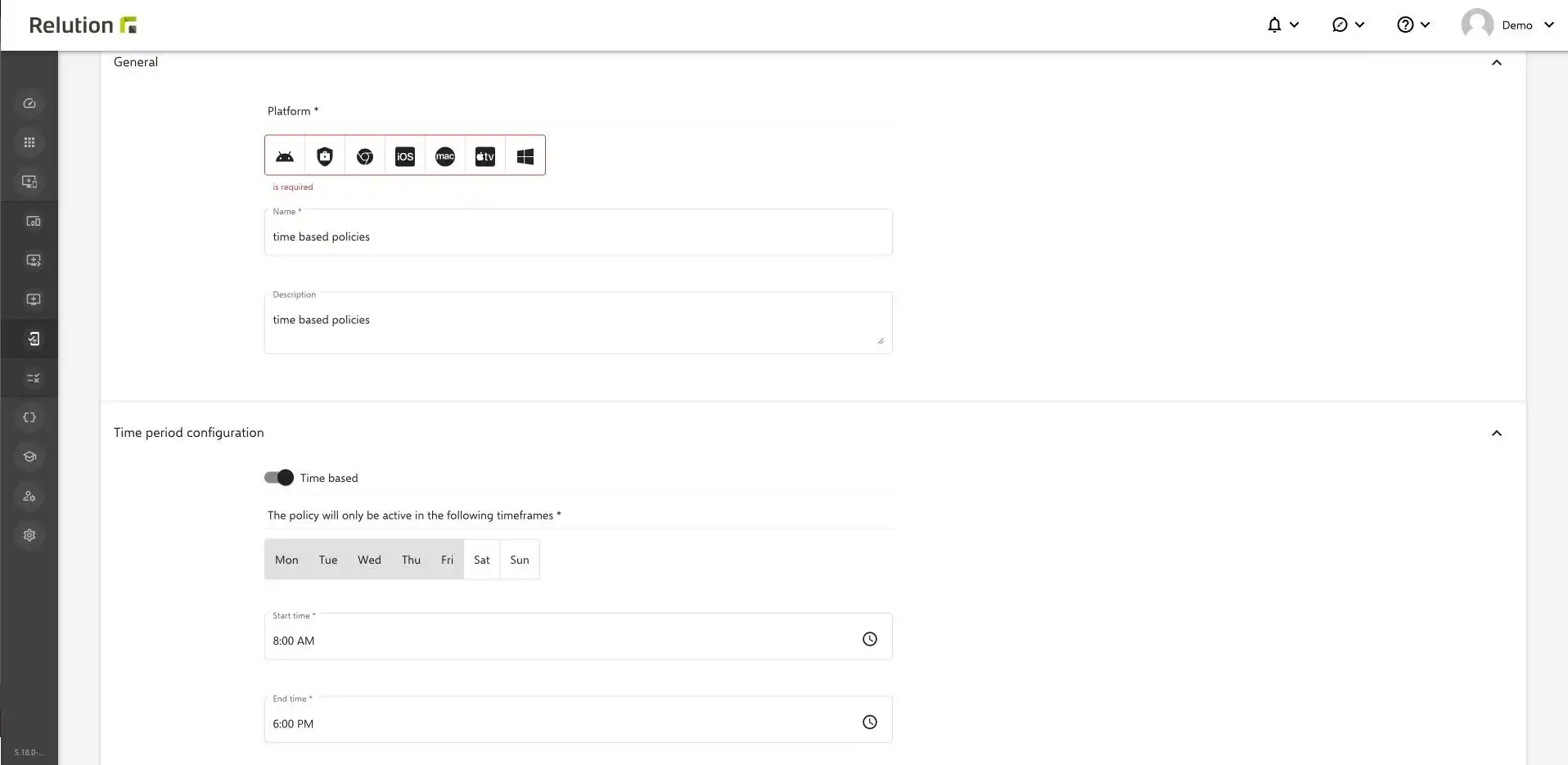 Configuration of time-based policies in Relution to set start and end times as well as time zones for recurring processes