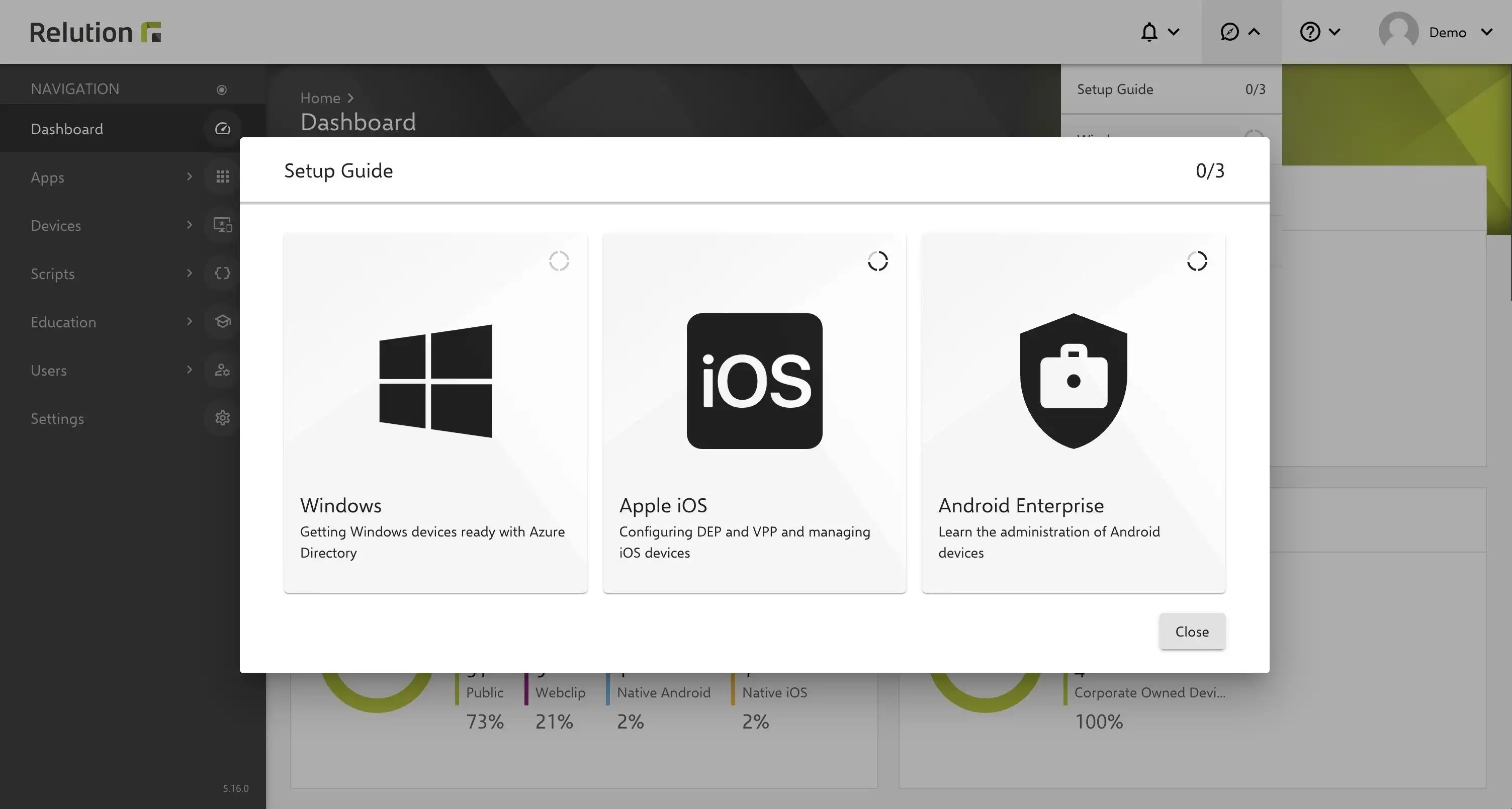 "Guida alla Configurazione" nel portale Relution per assistenza passo passo con le impostazioni su Windows, iOS e Android Enterprise