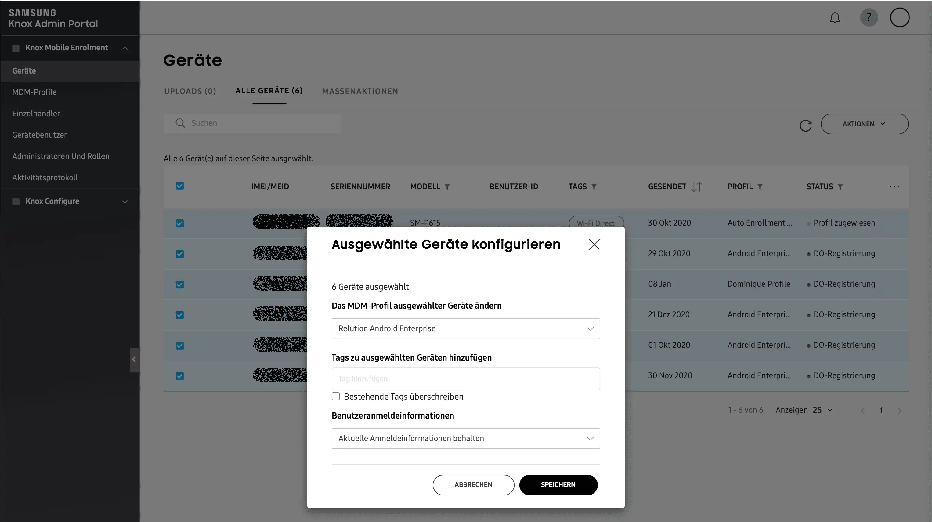 Option „Ausgewählte Geräte konfigurieren“ im KME-Portal zur manuellen Zuweisung oder Änderung des MDM-Profils für einzelne Geräte