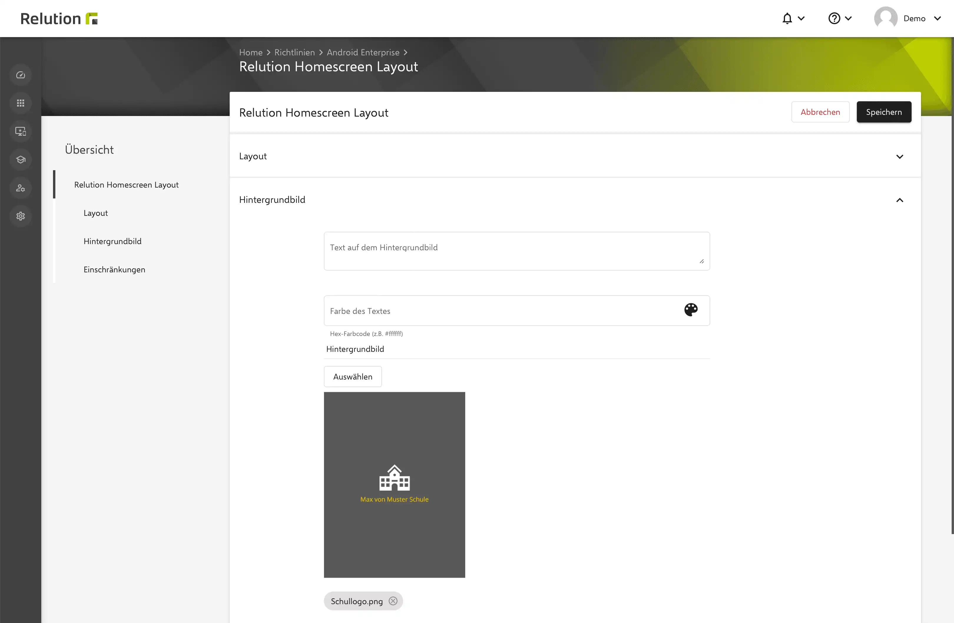 Screenshot der Konfiguration in Relution zur Festlegung eines CI-gebrandeten Hintergrundbilds mit optionalem Text, z. B. zur Bezeichnung von Schulklassen oder Support-Kontakten