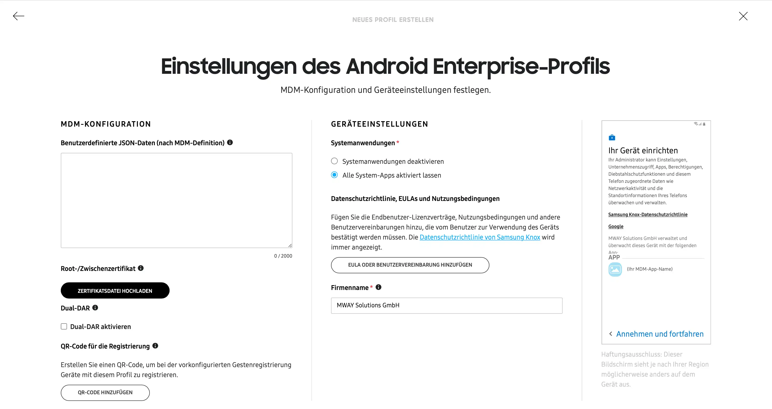 Übersicht der Einstellungen im KME-Portal für ein neues Android Enterprise Profil, inklusive der Option zur Angabe des Firmennamens oder Schulnamens