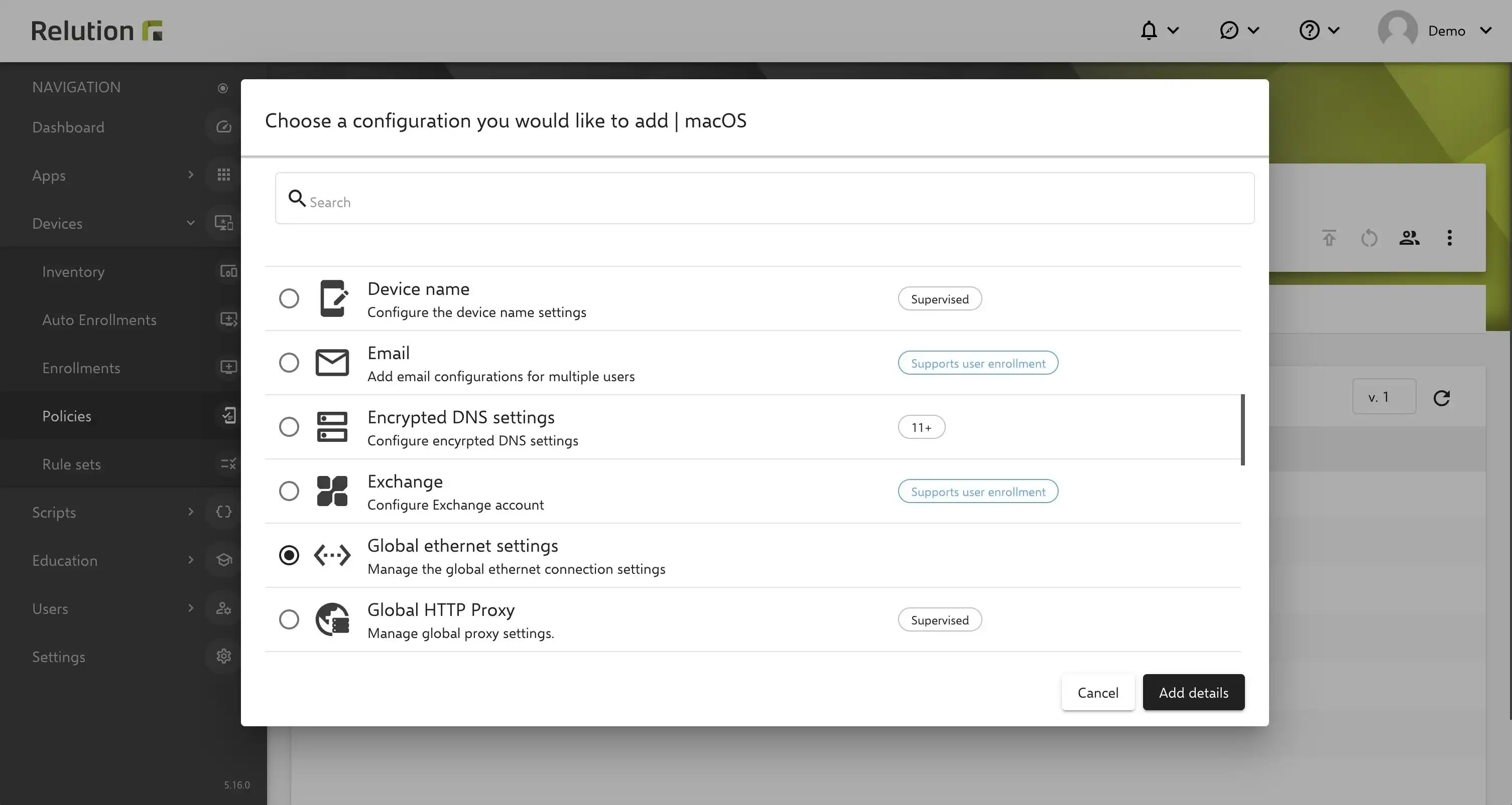 Configurazione "Impostazioni Ethernet Globali" in Relution per configurare connessioni Ethernet sicure per macOS