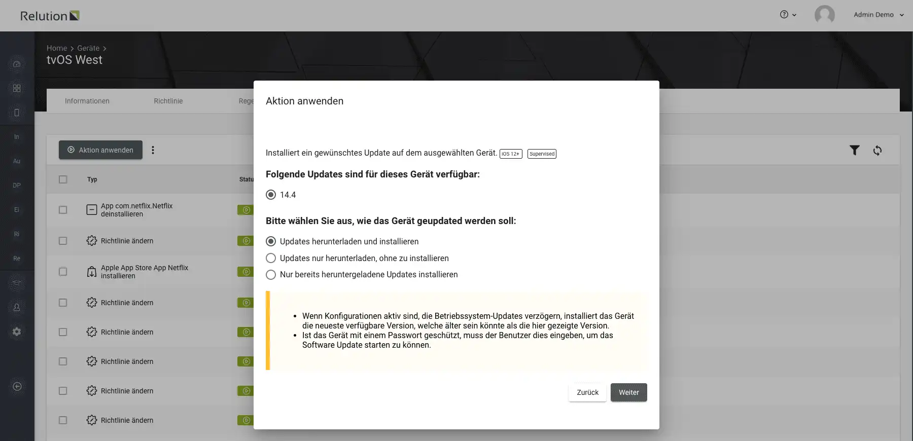 Ansicht der verfügbaren OS-Updates in den Geräte-Details von Relution mit Optionen zur Installation auf dem ausgewählten tvOS-Gerät