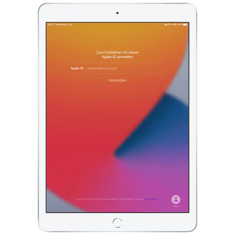 iPad-Bildschirm mit der Loginmaske zur Eingabe der Managed Apple ID und des zugehörigen Passworts, das für die Benutzeranmeldung nach der Einschreibung im Apple School Manager verwendet wird