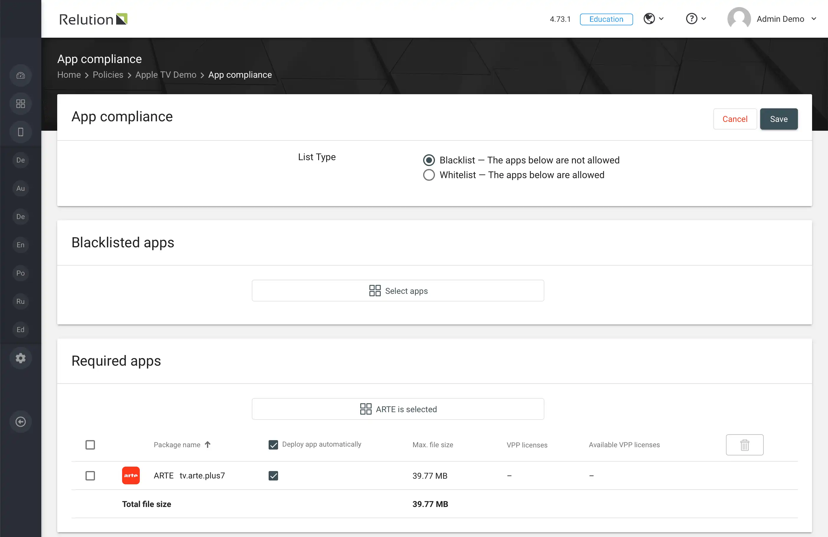 Overview of the "App Compliance" configuration in Relution for distributing VPP and Relution App Store apps to tvOS devices