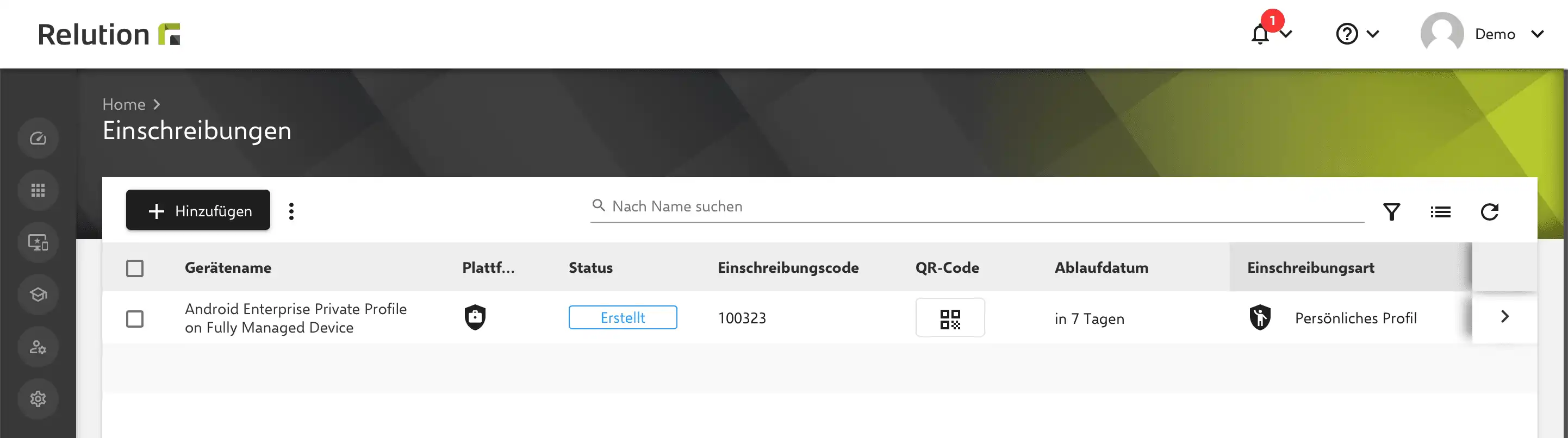 Erfolgreich eingerichtetes persönliches Profil auf einem vollständig verwalteten Android Enterprise Gerät in Relution nach abgeschlossener Einschreibung