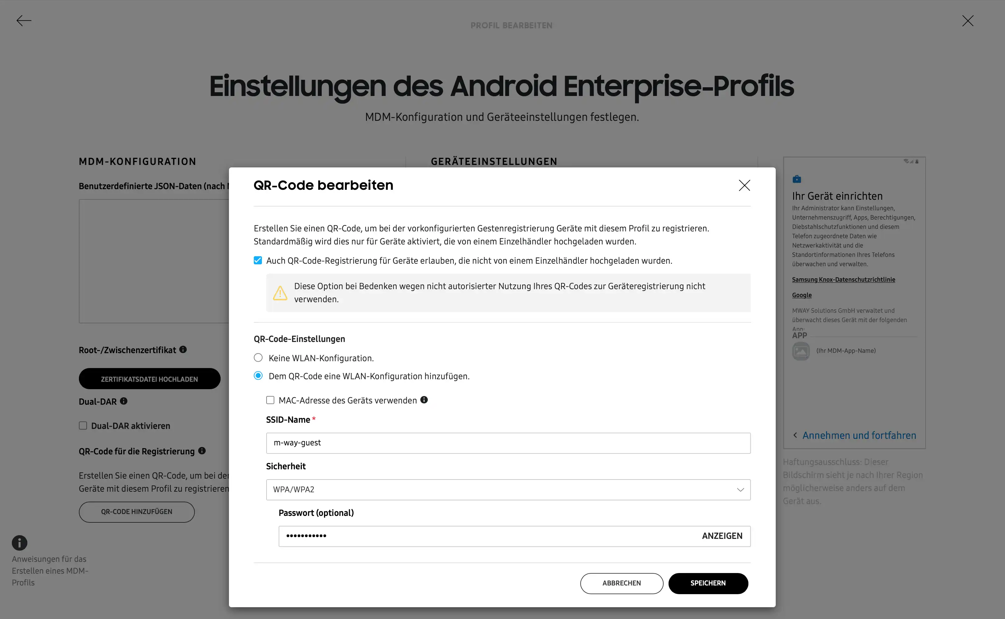 Dialog zur Ergänzung eines QR-Codes mit WLAN-Konfiguration im KME MDM-Profil zur automatischen Verbindung während der Geräte-Einrichtung