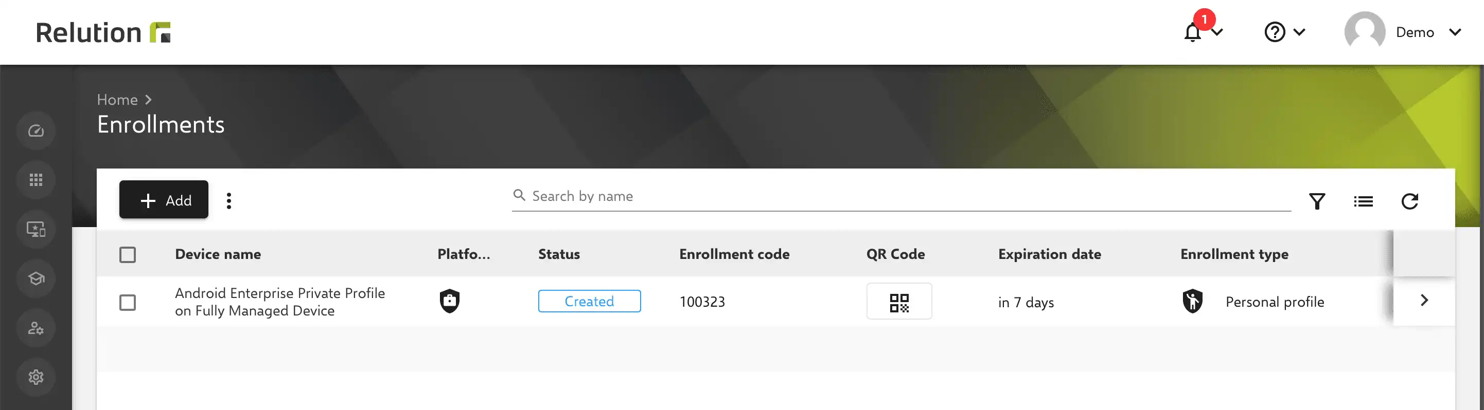 Perfil personal configurado con éxito en un dispositivo Android Enterprise completamente gestionado en Relution tras completar la inscripción