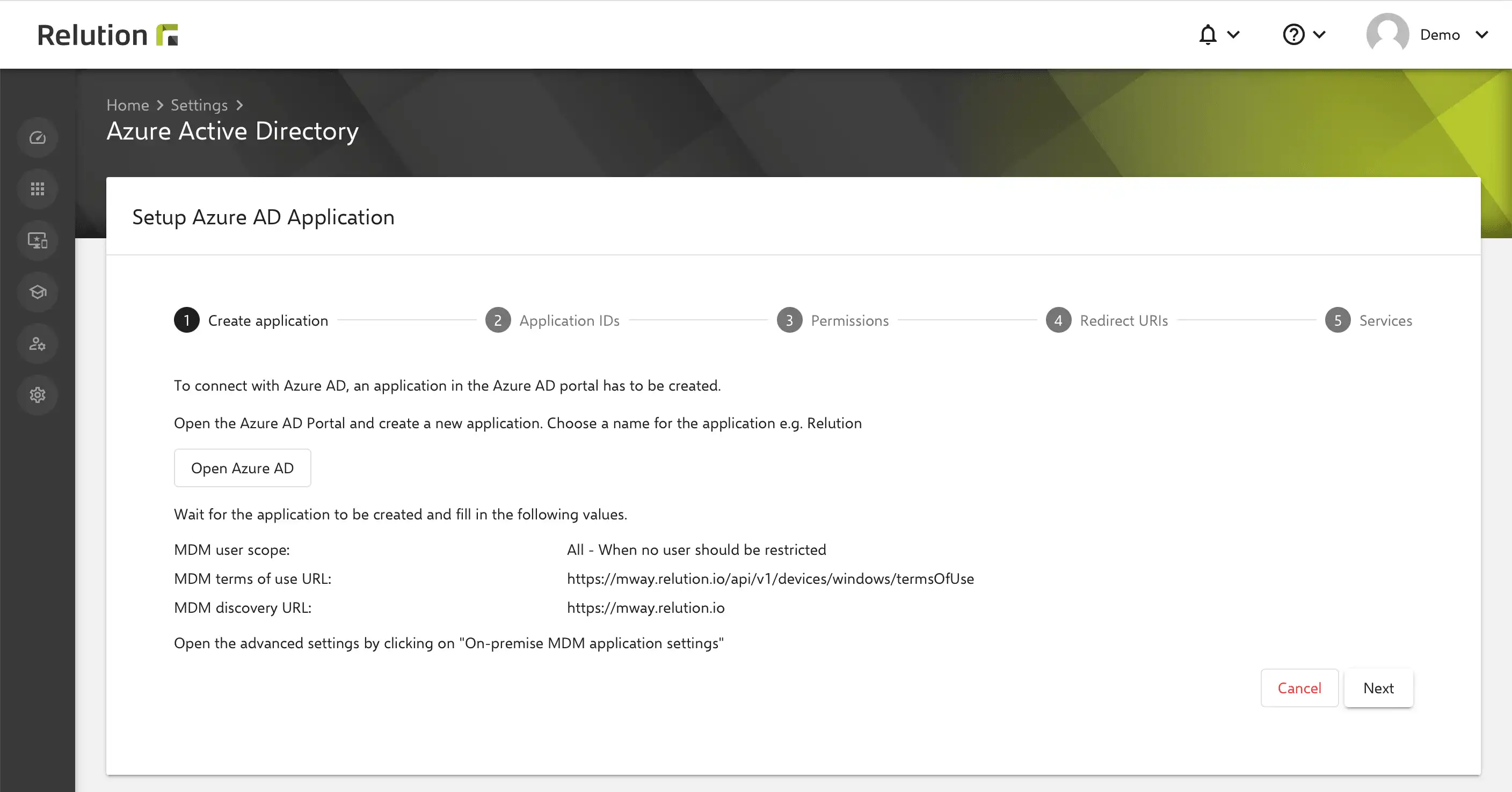 Guía en Relution con instrucciones paso a paso para configurar una nueva aplicación MDM en Microsoft Azure