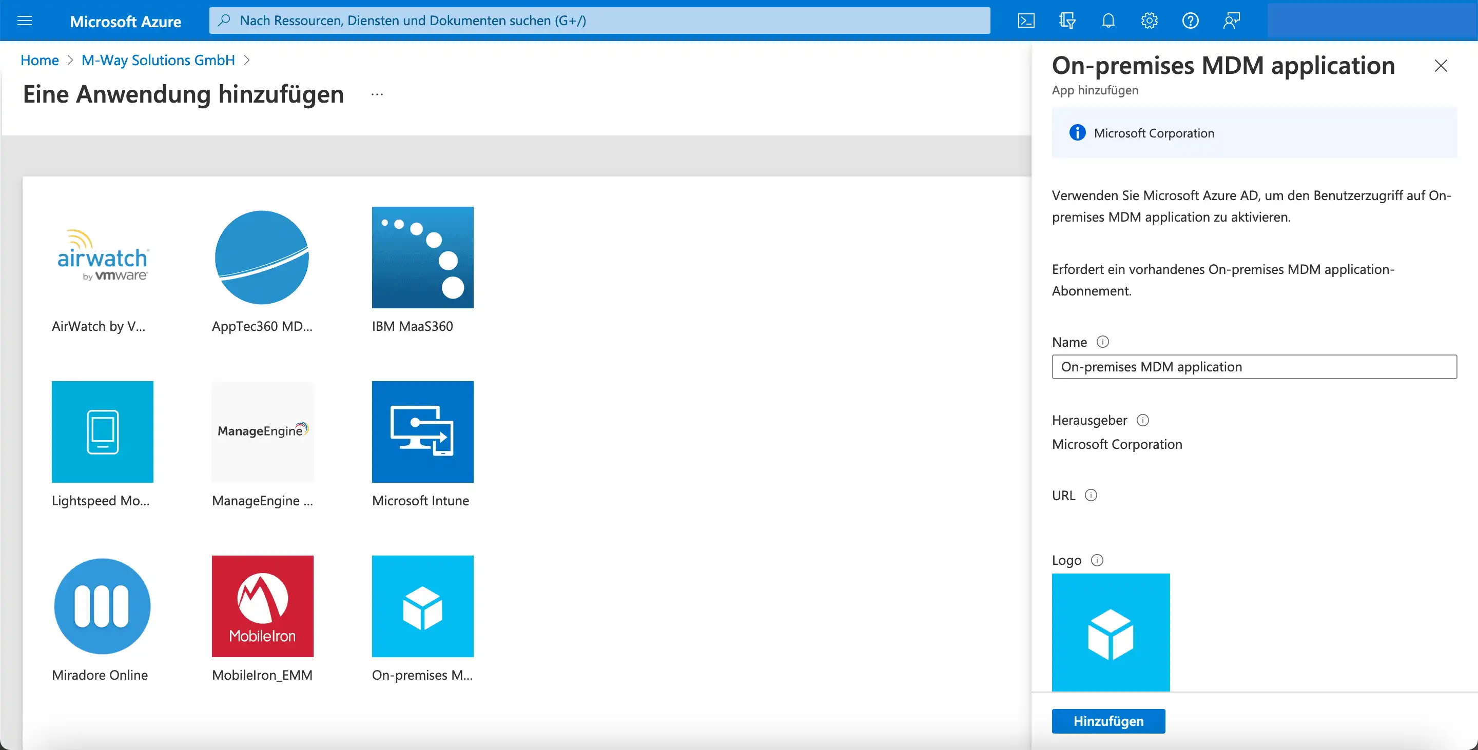Konfigurationsansicht in Microsoft Azure mit Auswahl der Kachel „On-Premises MDM Applikation“, Vergabe eines Namens und der Option „Hinzufügen“