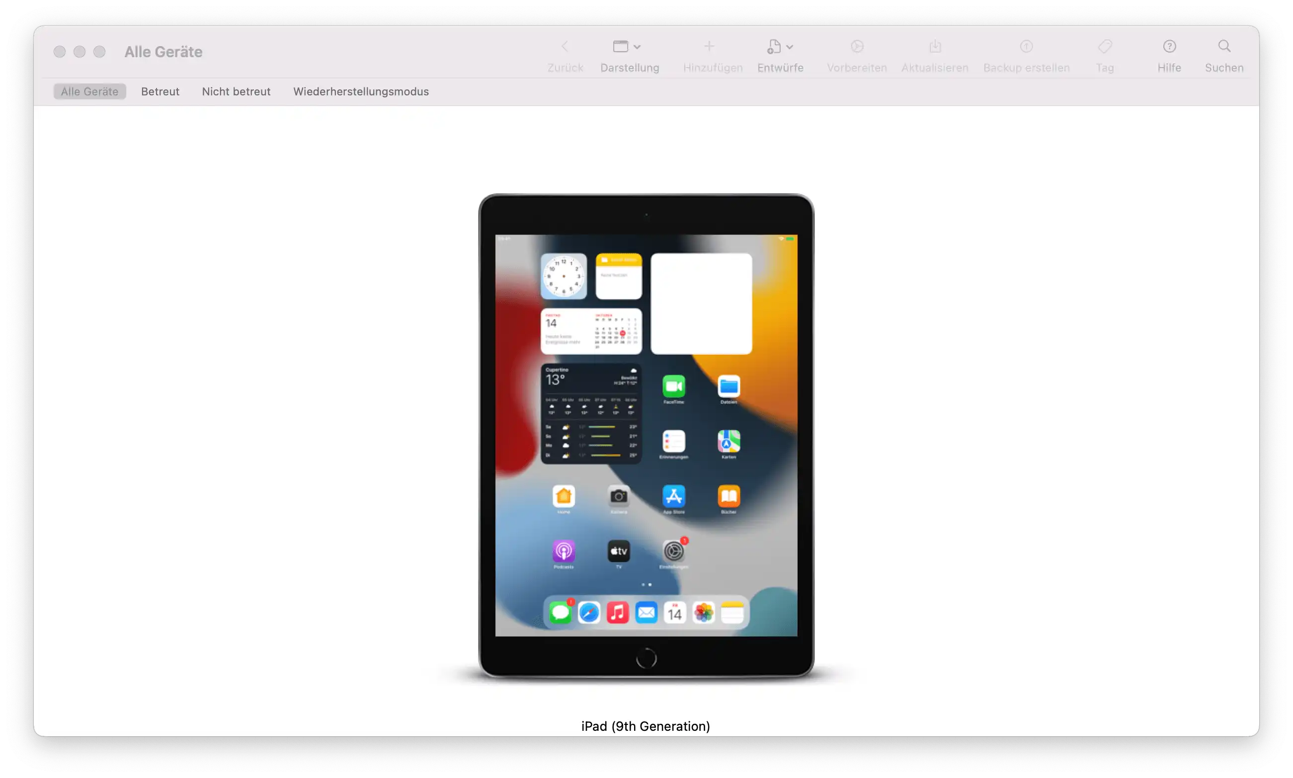Startbildschirm eines iPads nach dem Freischalten zur Verwaltung über den Apple Configurator