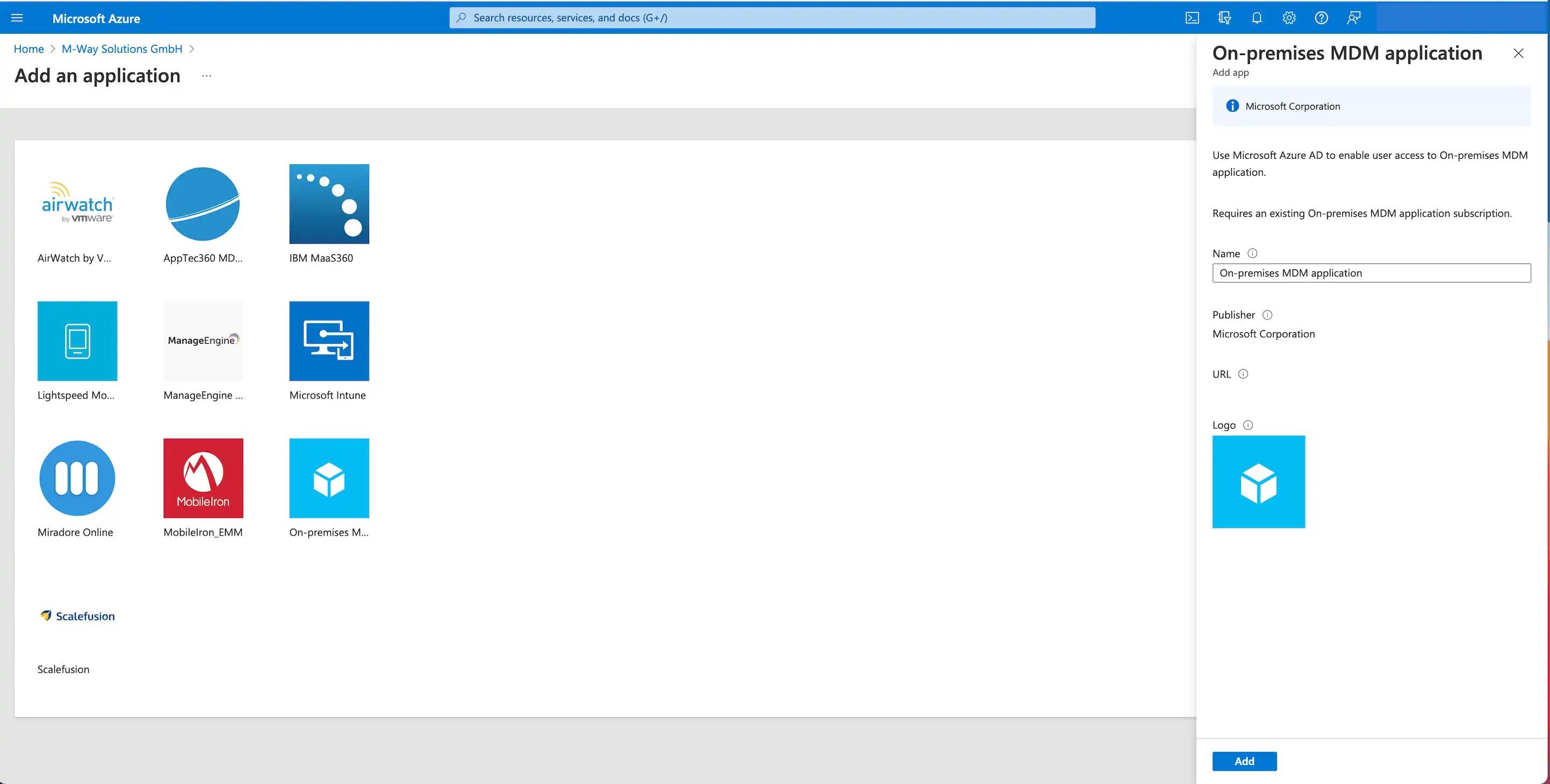 Vista de configuración en Microsoft Azure con la selección de la ficha « Aplicación MDM local », la asignación de un nombre y la opción « Agregar »