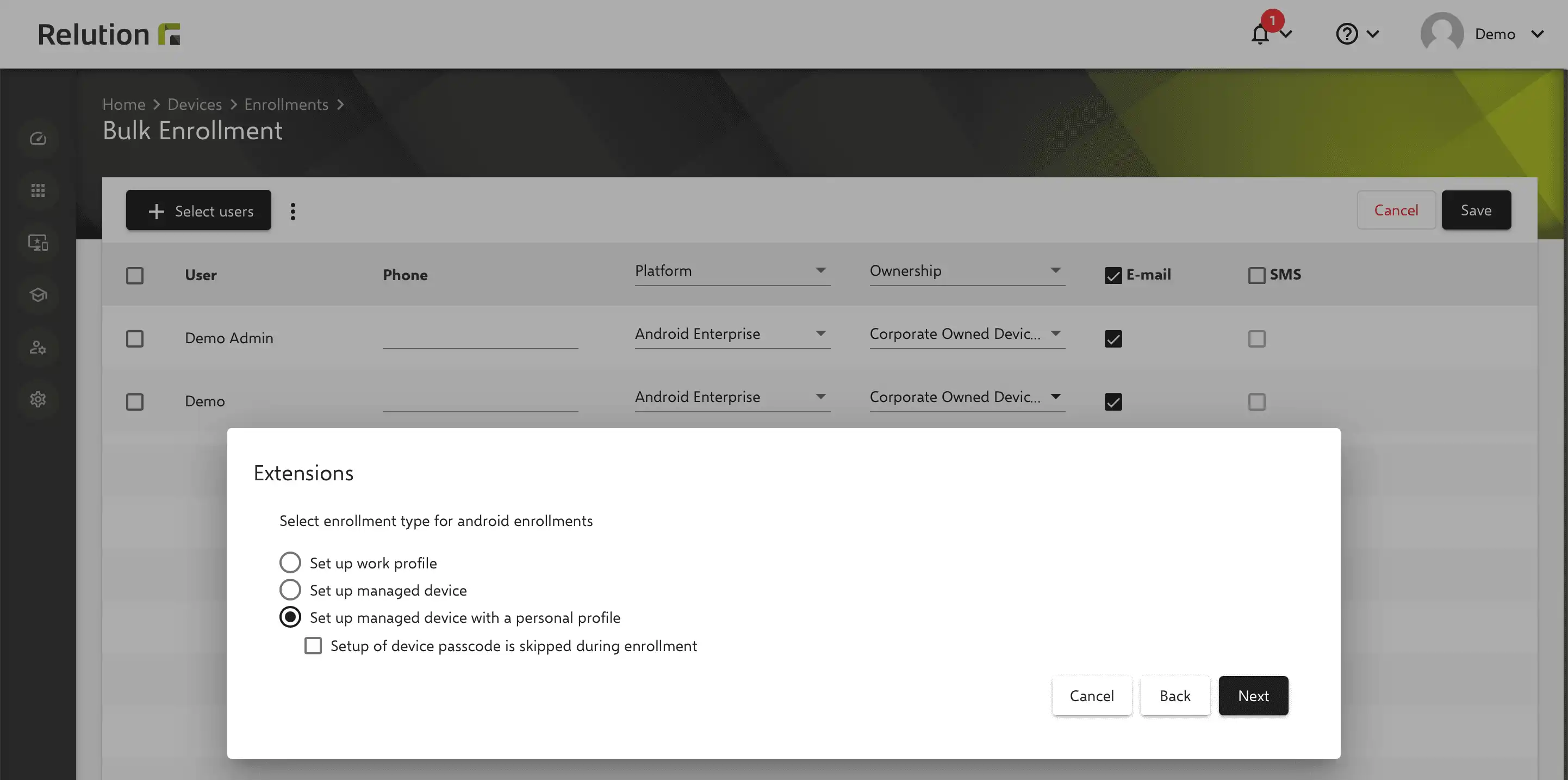 Opción « Configurar un dispositivo gestionado con perfil personal » en Relution bajo « Extensiones » al crear una inscripción múltiple para dispositivos Android