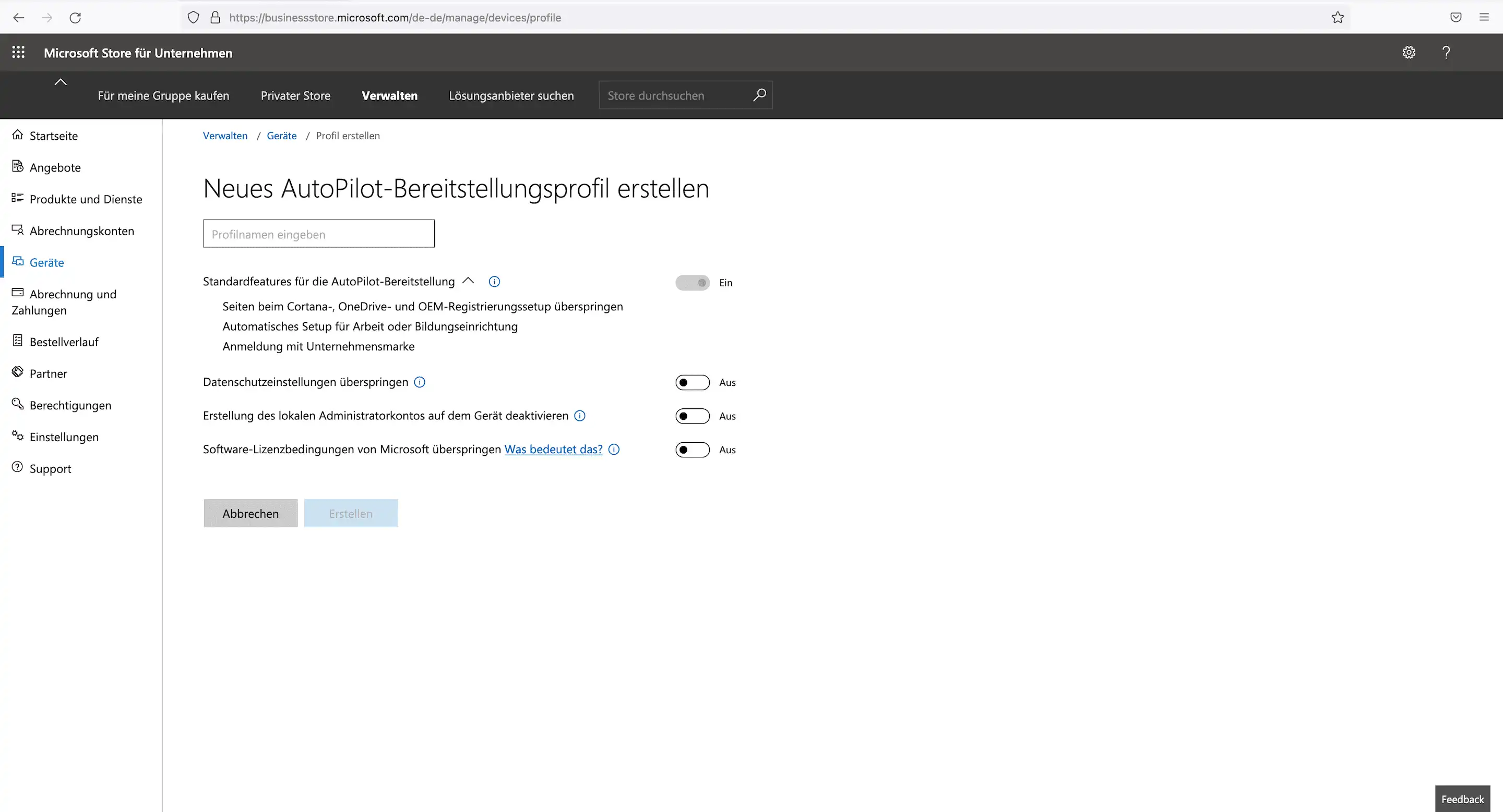 Ansicht im Microsoft Store for Business zur Erstellung eines Autopilot-Profils mit Einstellungen wie dem Überspringen von Privatsphäre- und Lizenzbedingungen sowie der Deaktivierung des lokalen Administratorkontos