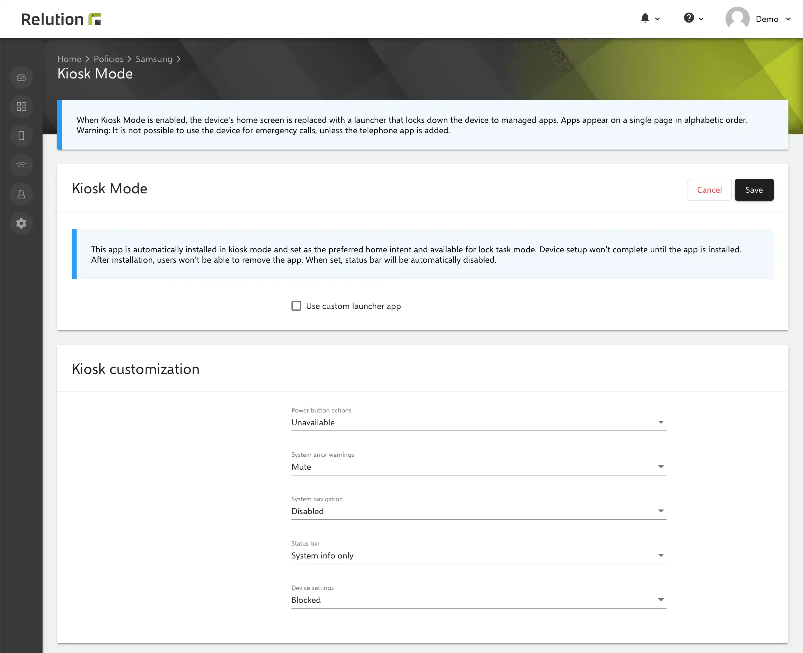 Pantalla de configuración en Relution para habilitar el modo quiosco en dispositivos Android Enterprise completamente administrados, restringiendo la pantalla de inicio a aplicaciones gestionadas o a una sola aplicación de lanzador