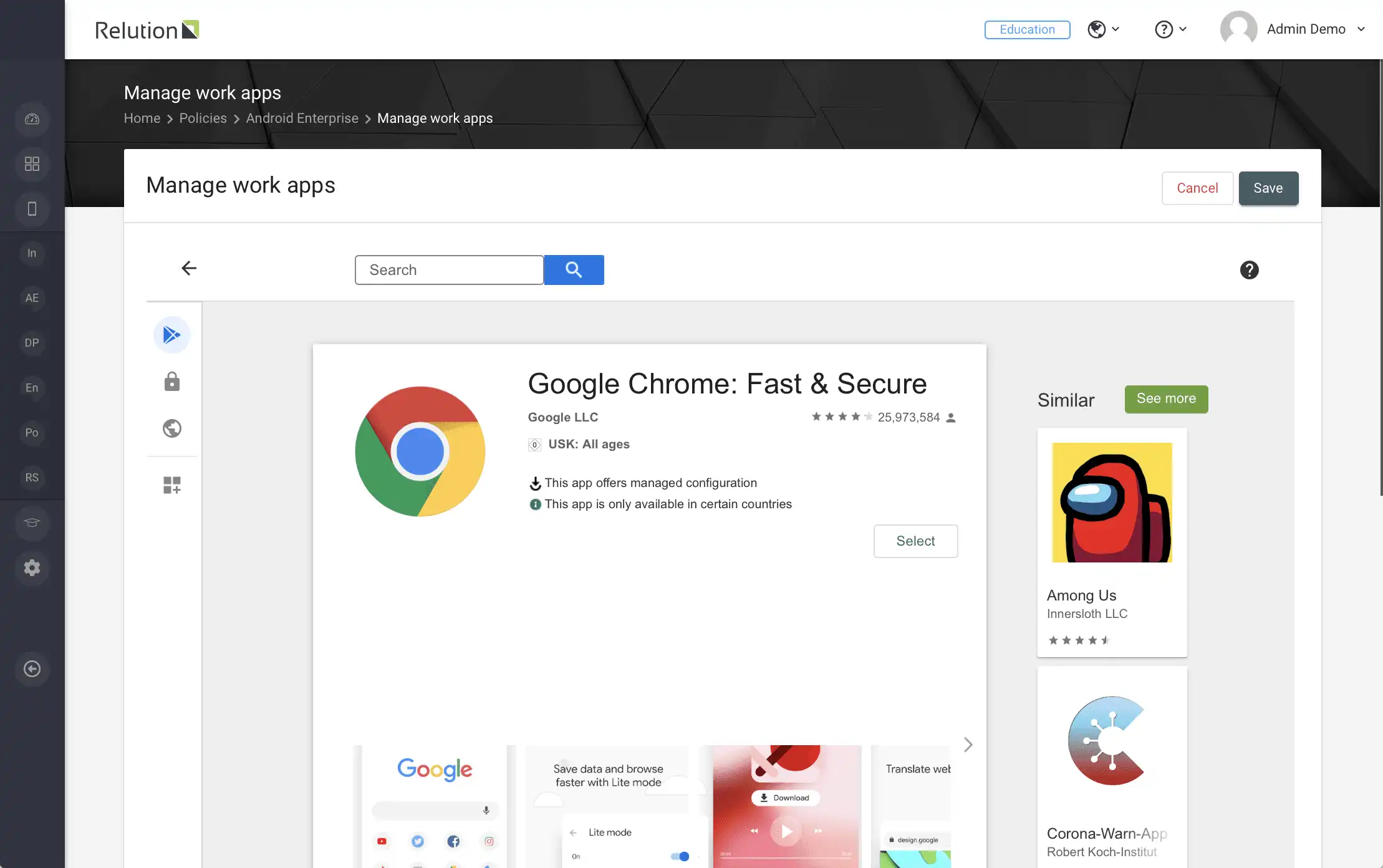 Pagina dei dettagli dell'app Google Chrome in Relution con l'opzione di aggiungere l'app per la configurazione tramite il pulsante "Select"